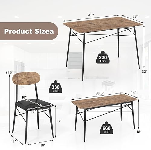 Miniatura 10 de MAT EXPERT Juego de mesa de comedor para 4, mesa de cocina rectangular y sillas con respaldo y patas de metal, juego de comedor retro, juego de mesa