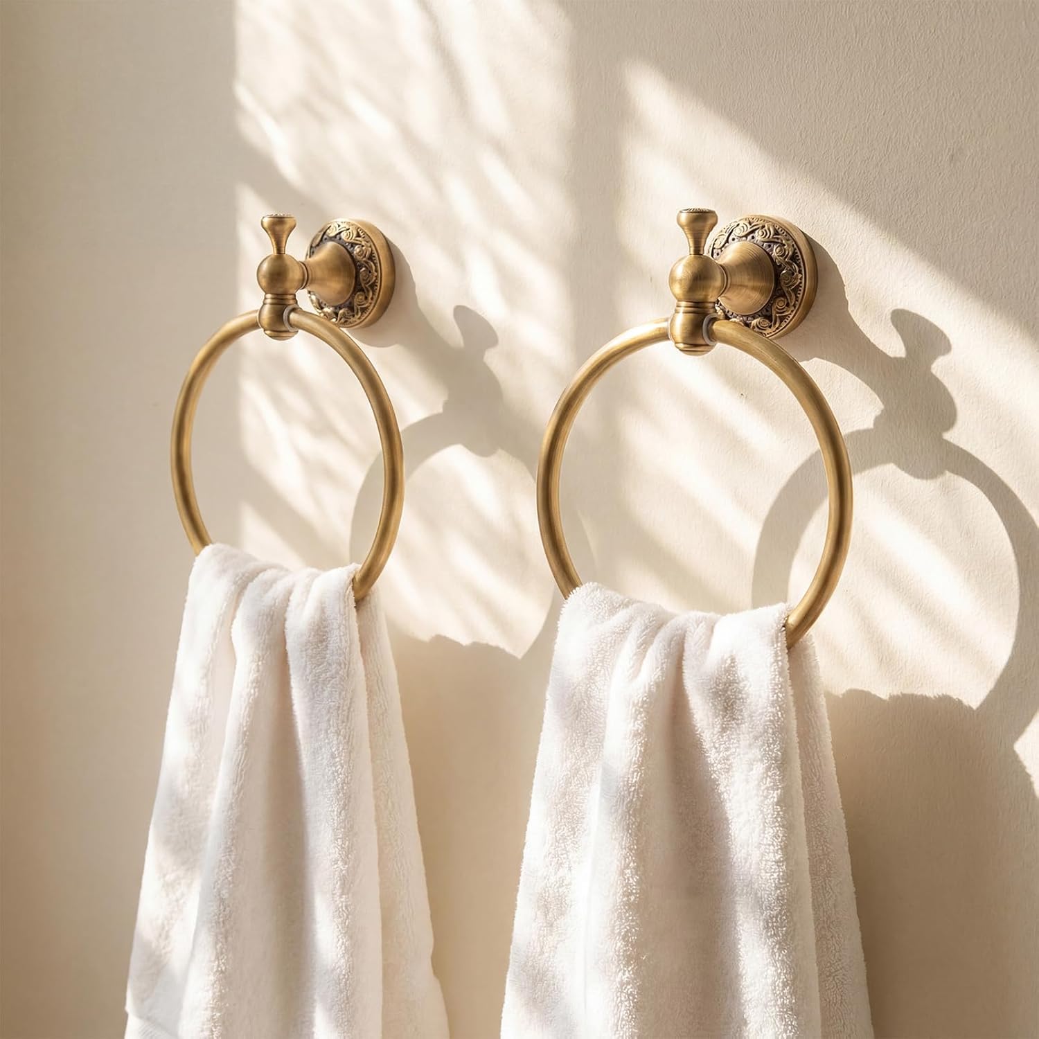 Hicarer 2 Pcs Brass Towel Ring Retro Gold Round Hand Towel Holder Wall Mounted Vintage Decorative Bathroom Accessories Brass Embossed Petal Series for Bathroom Kitchen Accessories Handmade