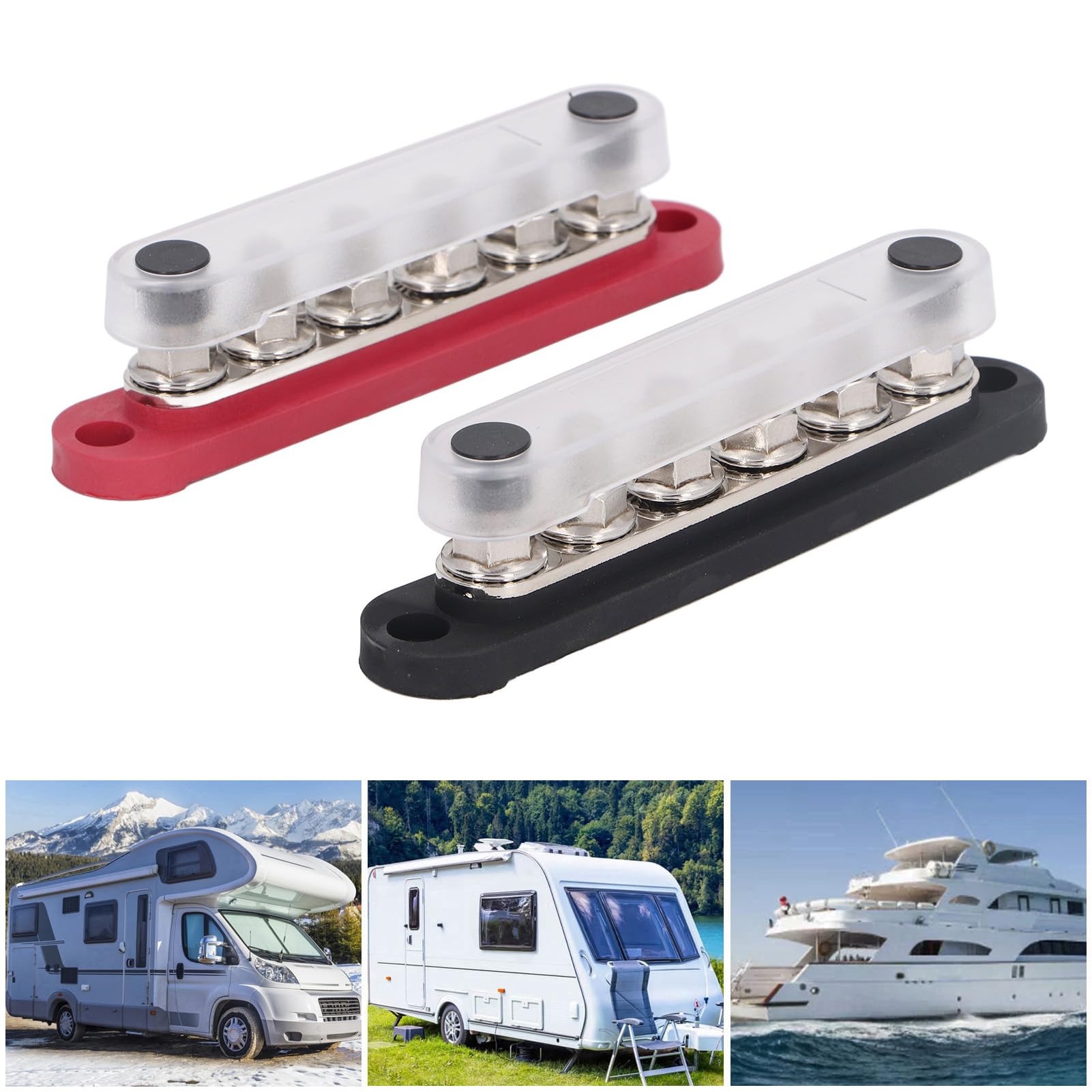 2 Pièces Barre Omnibus 6 Postes Bloc de Distribution D'énergie M8 Plaque de Cuivre Bornes en Acier Inoxydable Bornier de Batterie Goujon 150A 300VAC 48VDC avec Couvercle