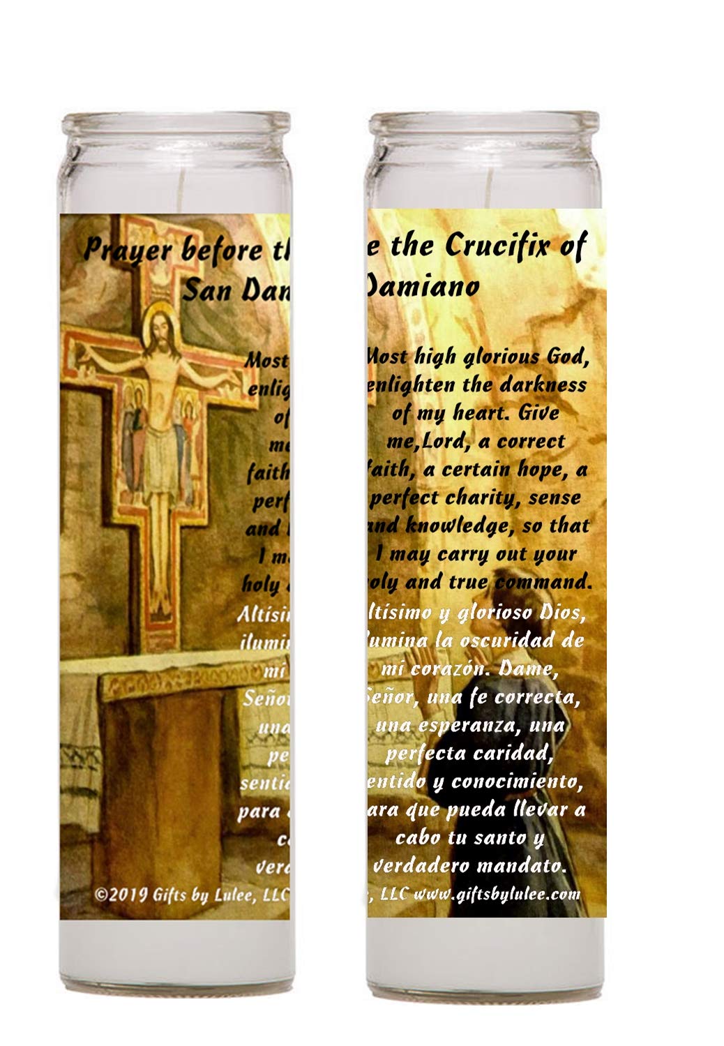 The Cross of San Damiano Candles La Cruz de San Damiano Set of Two 2 or 4 Four Glass Candles with Prayer (TWO)