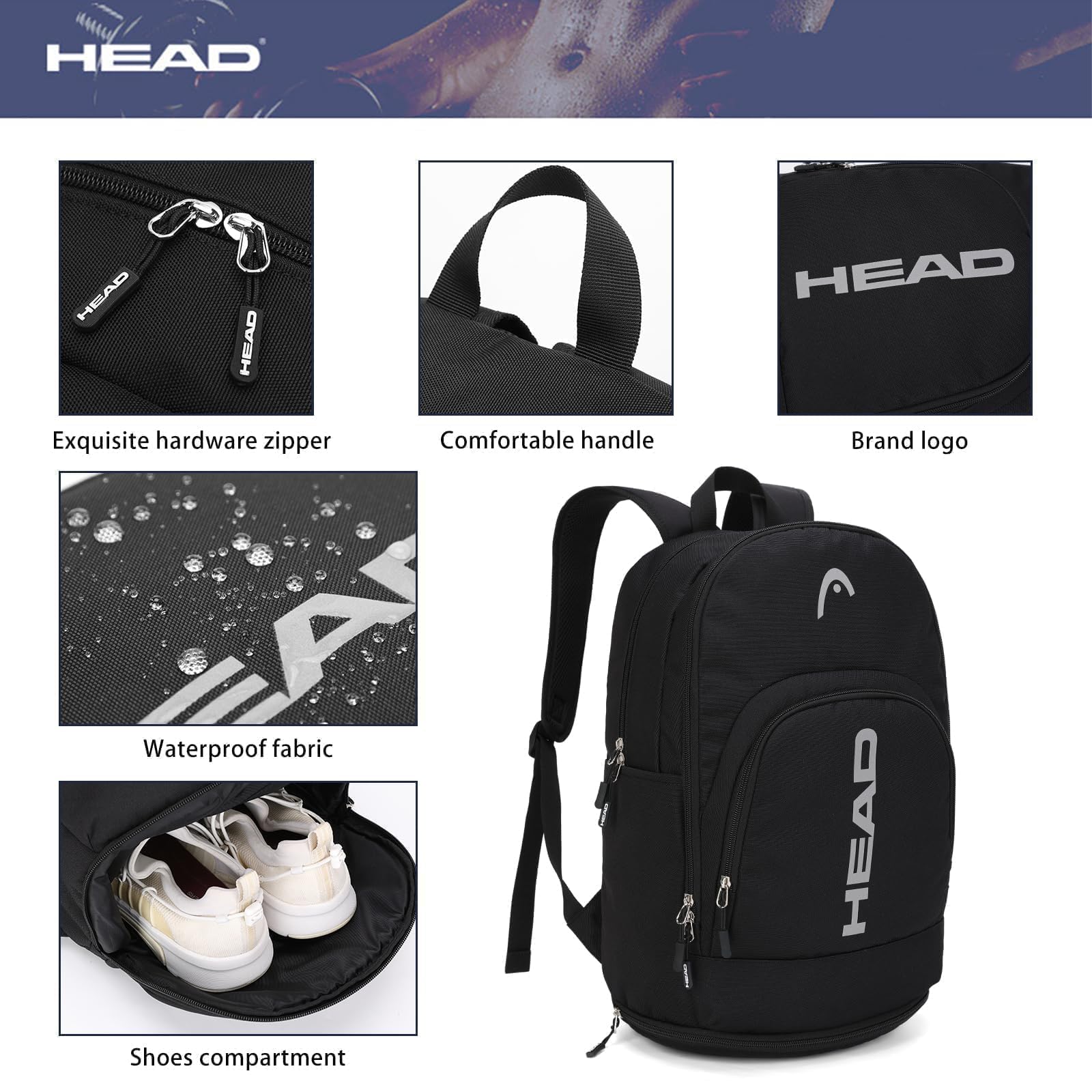 HEAD Mochila de viaje impermeable para mujeres y hombres, mochila ligera para laptop, bolsa para computadora portátil de 15.6 pulgadas