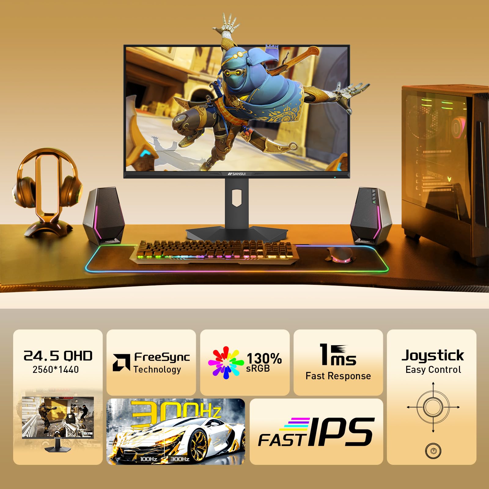 Monitor de jogos de 24,5 polegadas 300Hz QHD 2560×1440 Monitor de