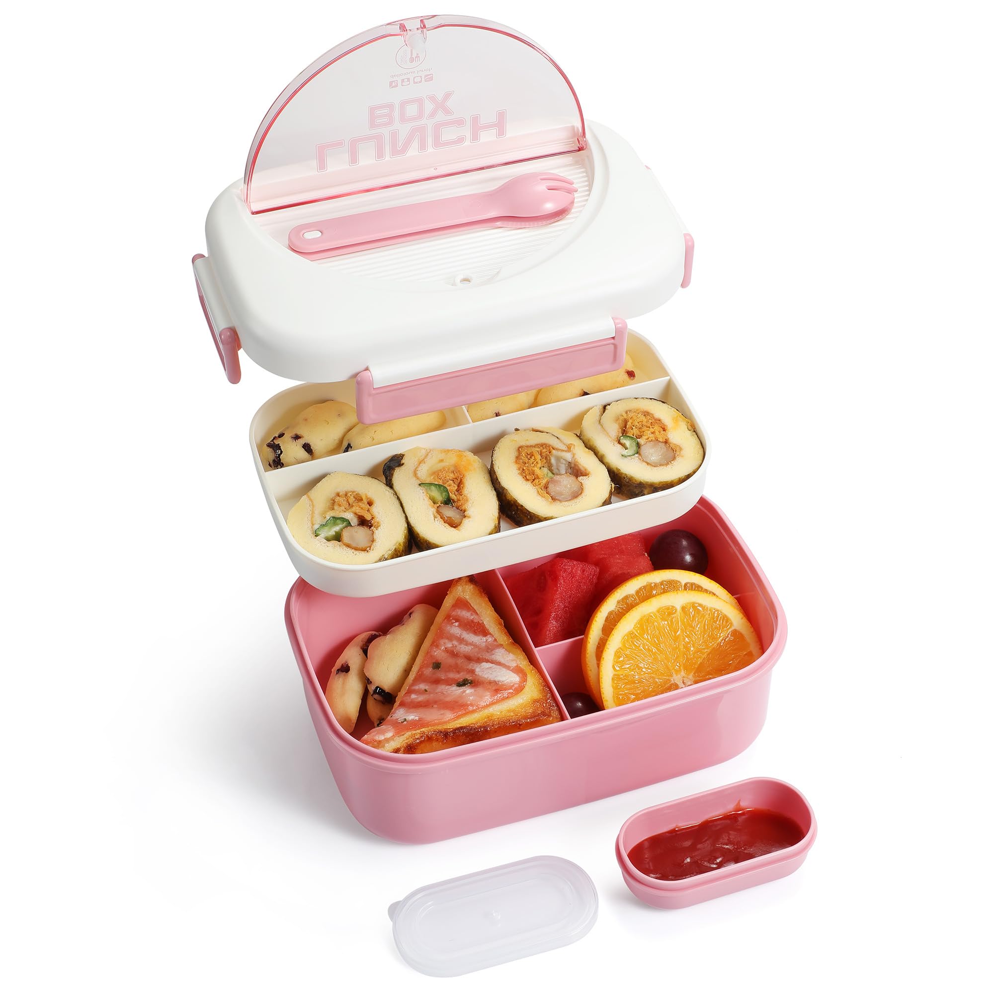 Meider Bento Lunch Box, 1200ml Bento Box with Spoon Fork Stackable 2 Layer 6 Compartments, Meal Prep Container Box for Adults Kids Microwave Dishwasher Safe(Pink)