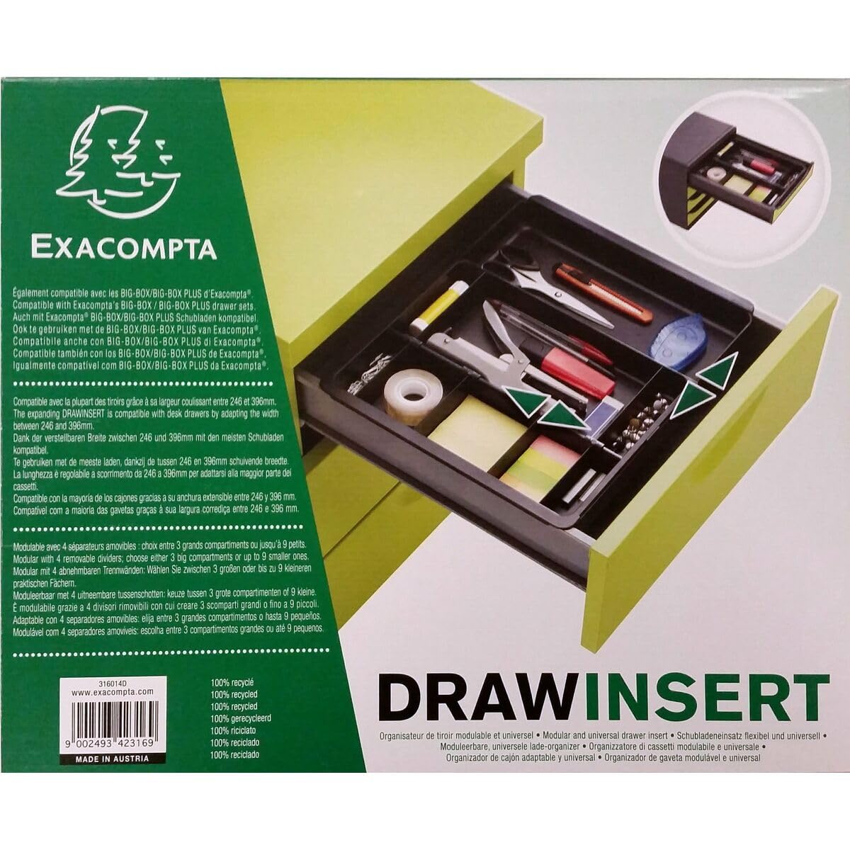 Exacompta 316014D Schubladen-Einlage Drawinsert (mit 4 abnehmbaren Flügeln, 100% aus Recycling-Kunststoff, für Schubladen) 1 Stück schwarz