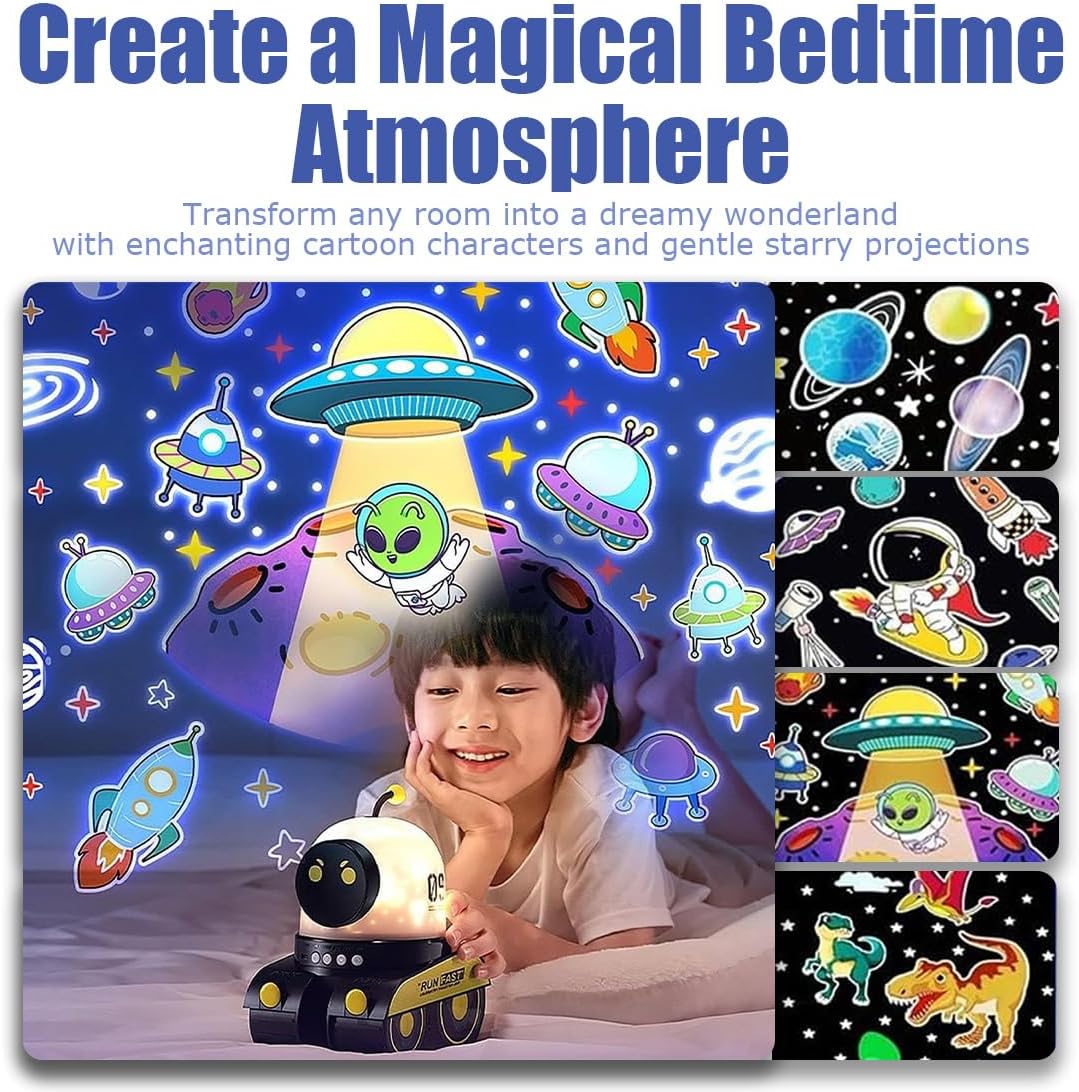 Kids Cartoon Projector Lamp, 21 Slides Cartoon Robot Car Projection Lamp, Universe Starry Sky LED Decor with 360° Rotation Silent Kid Night Light for Christmas Birthdays Gifts