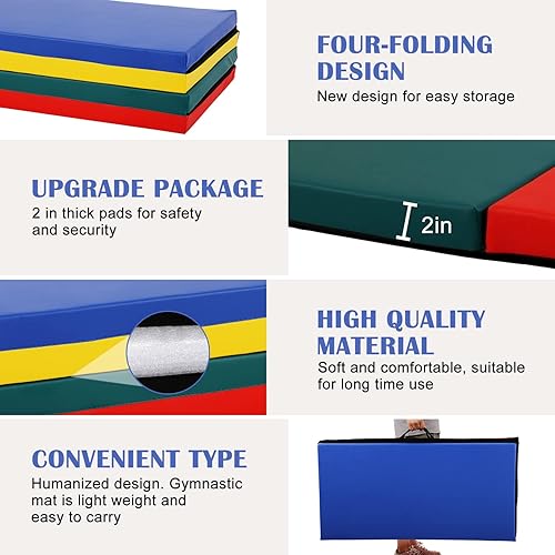 Miniatura 3 de Tapete de gimnasia plegable de 4 x 8 x 2 pulgadas, extra grueso, de alta densidad, antidesgarros, con asas de transporte, cierre de velcro, tapete
