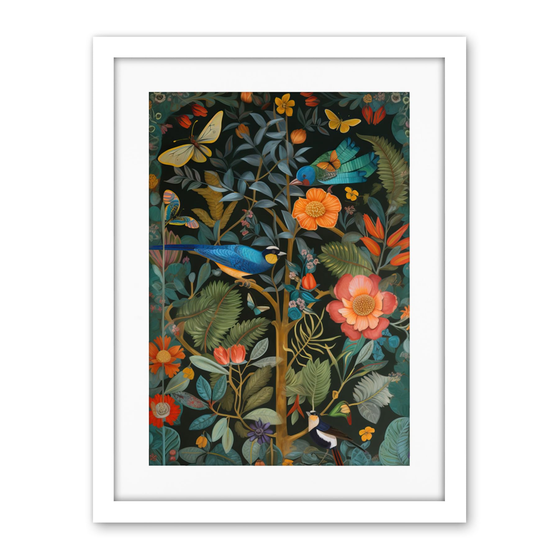 Artery8 Birds and Butterflies Modern Flower Art Nouveau Artwork Framed Wall Art Print 18X24 Inch