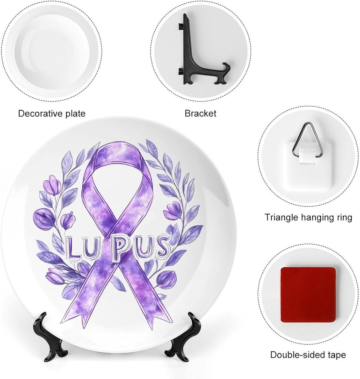 Lupus Fight Cancer Ribbon Decorative Plates for Display Ceramic Plate Tray with Stand Hanger Home Decor
