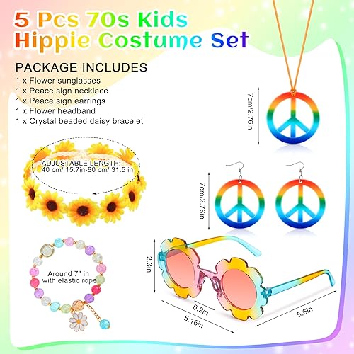 Vista 3 de Tondiamo 5 Pcs Kids Hippie Costume Accessories 60s 70s Toddler Girl Outfit Boho Peace Sign Daisy Flower for Halloween Cosplay
