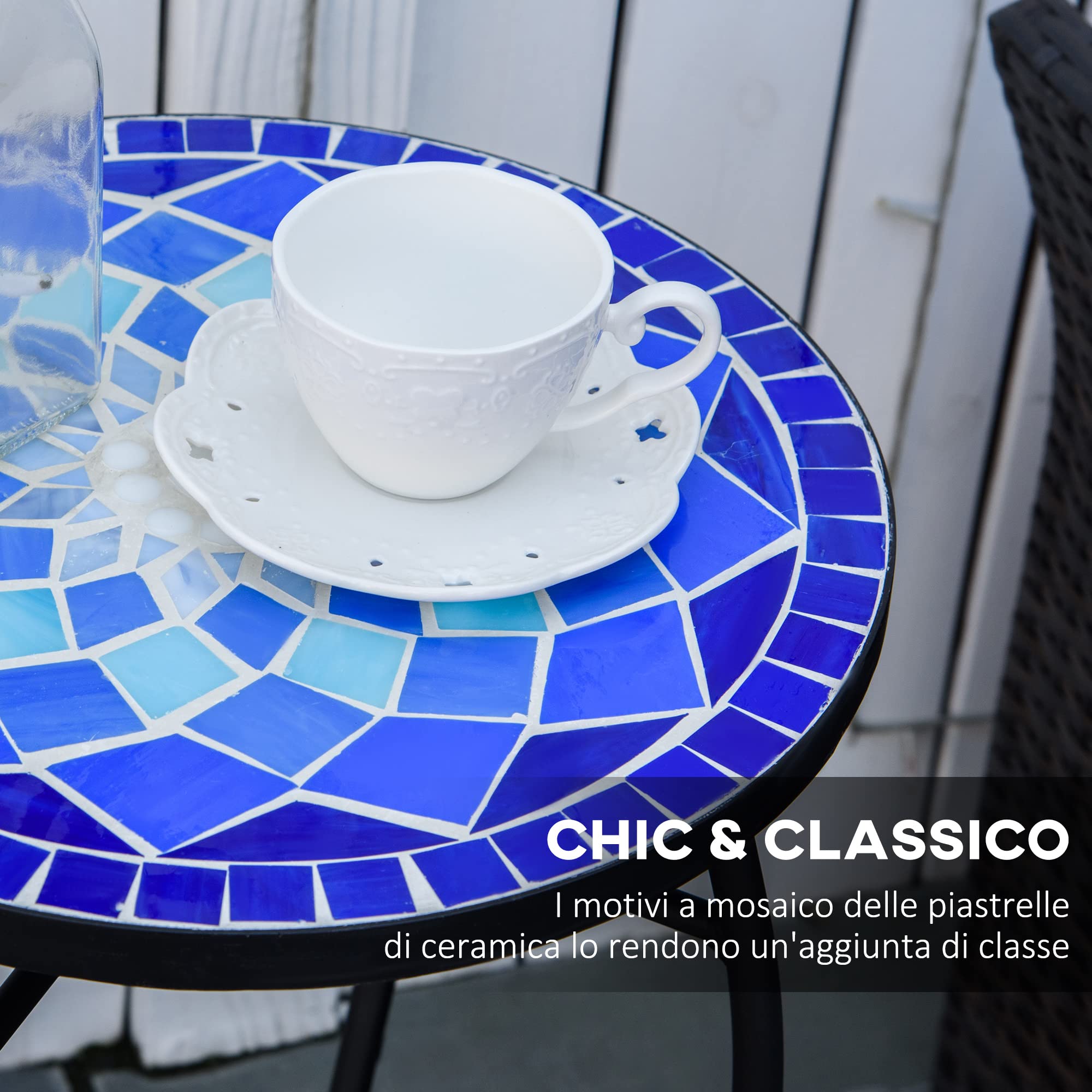 Outsunny Tavolino da Giardino Rotondo in Metallo con Piano in Ceramica, Design a Mosaico, 35.5x53.5cm, Blu e Bianco