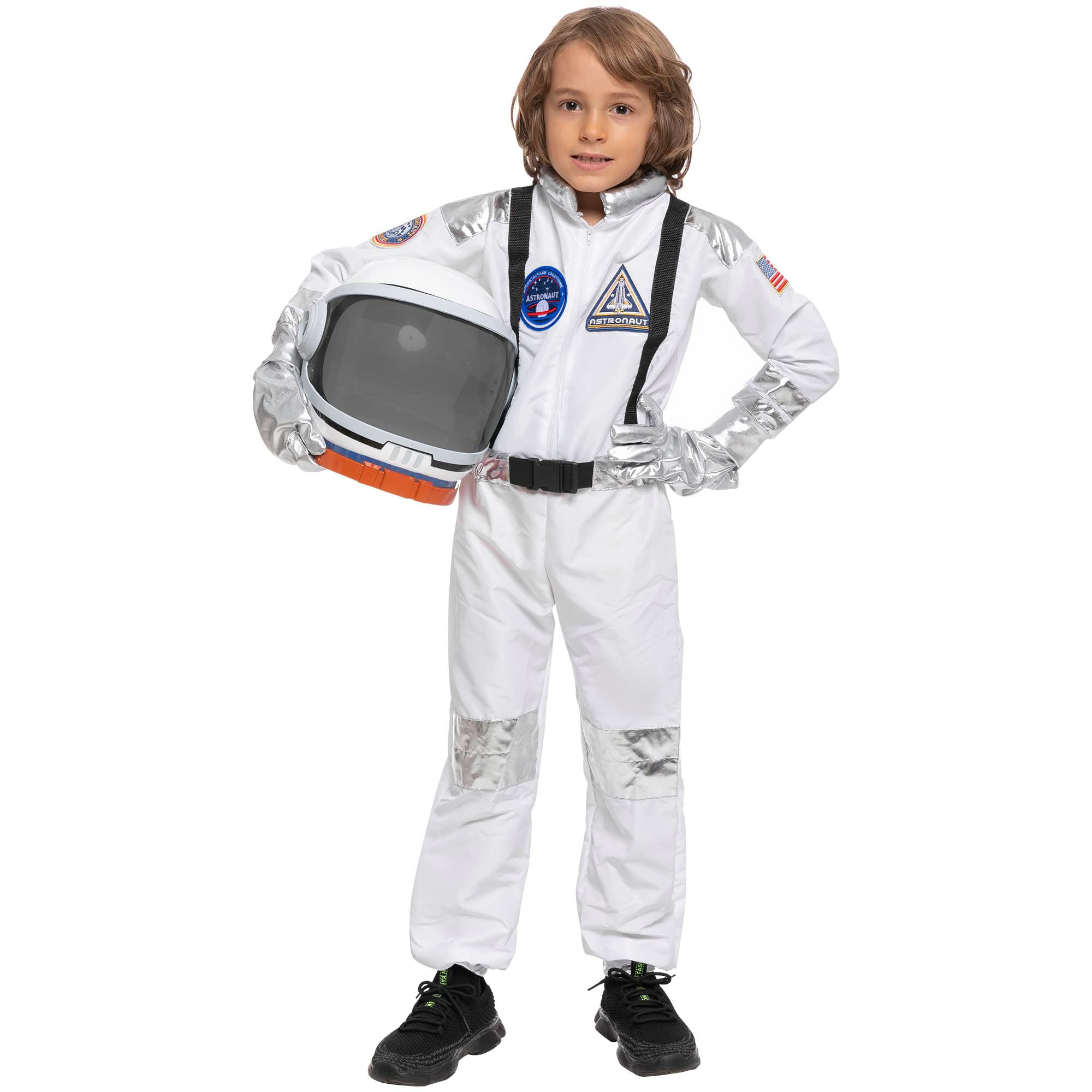 Spooktacular Creations Kostium dla dzieci na Halloween, uniseks, srebrny pasek, kostium astronauta, kombinezon dla jeźdźców z kaskiem, 3T-L (3-12 lat)