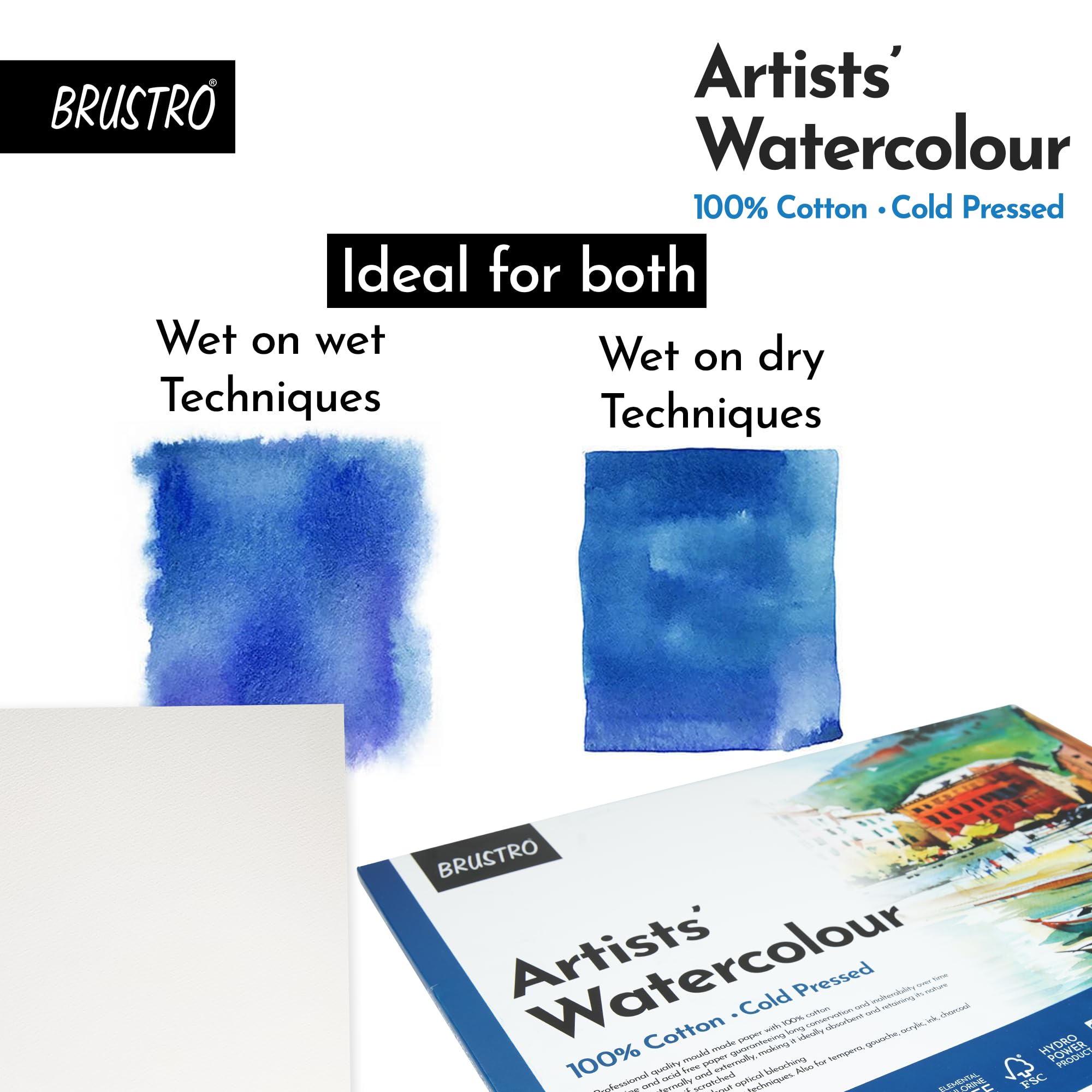 Brustro Künstler-Aquarellblock, 100 % Baumwolle, 300 g/m², kaltgepresst, 12 Blatt, Größe A5, ideal für professionelle Zeichnungen, Malen, trocken und nass, Kunststudenten