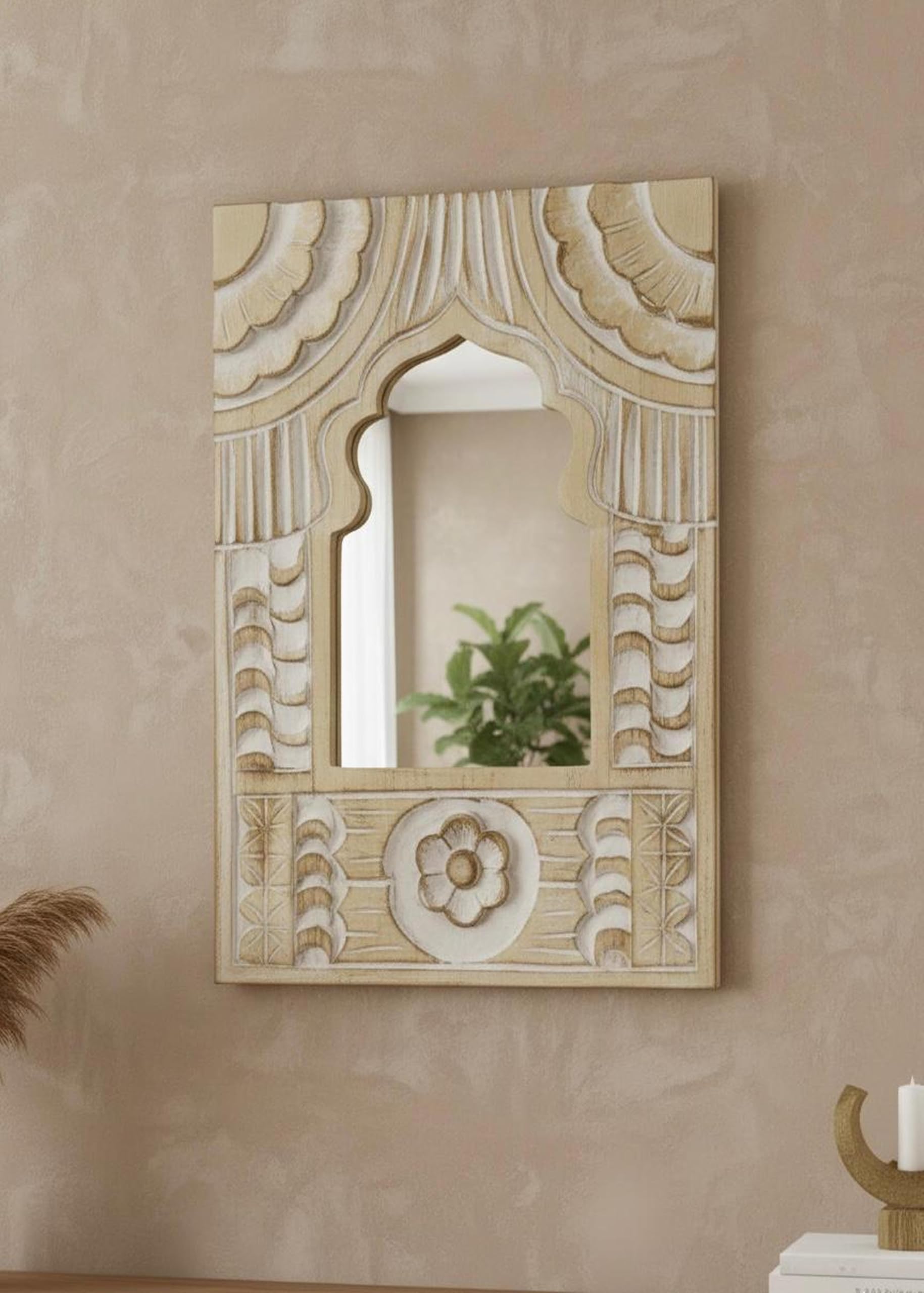 Designer Wall Mirror with Ornate Carved Frame, Arched Shape, Silver Finish, 10x14 Inch Decorative Mirror (White)-image-45