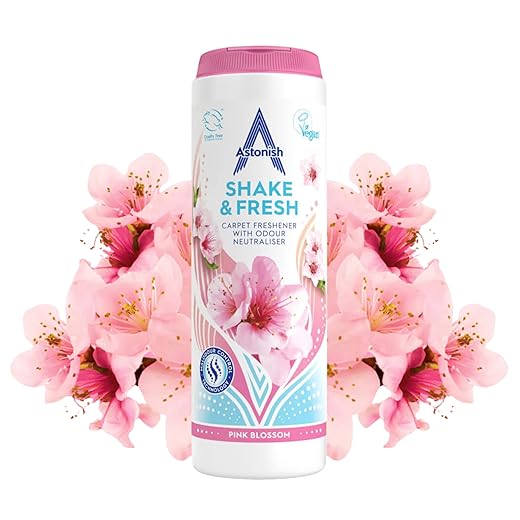 Astonish 350g Shake Fresh Pink Peony Carpet Odor Eliminator Powder - Pet Smell Neutralizer, Vacuum Safe for a Long Lasting Room Scent, Floor Refresher, Home Deodorizer, Soft Floral Fragrance
