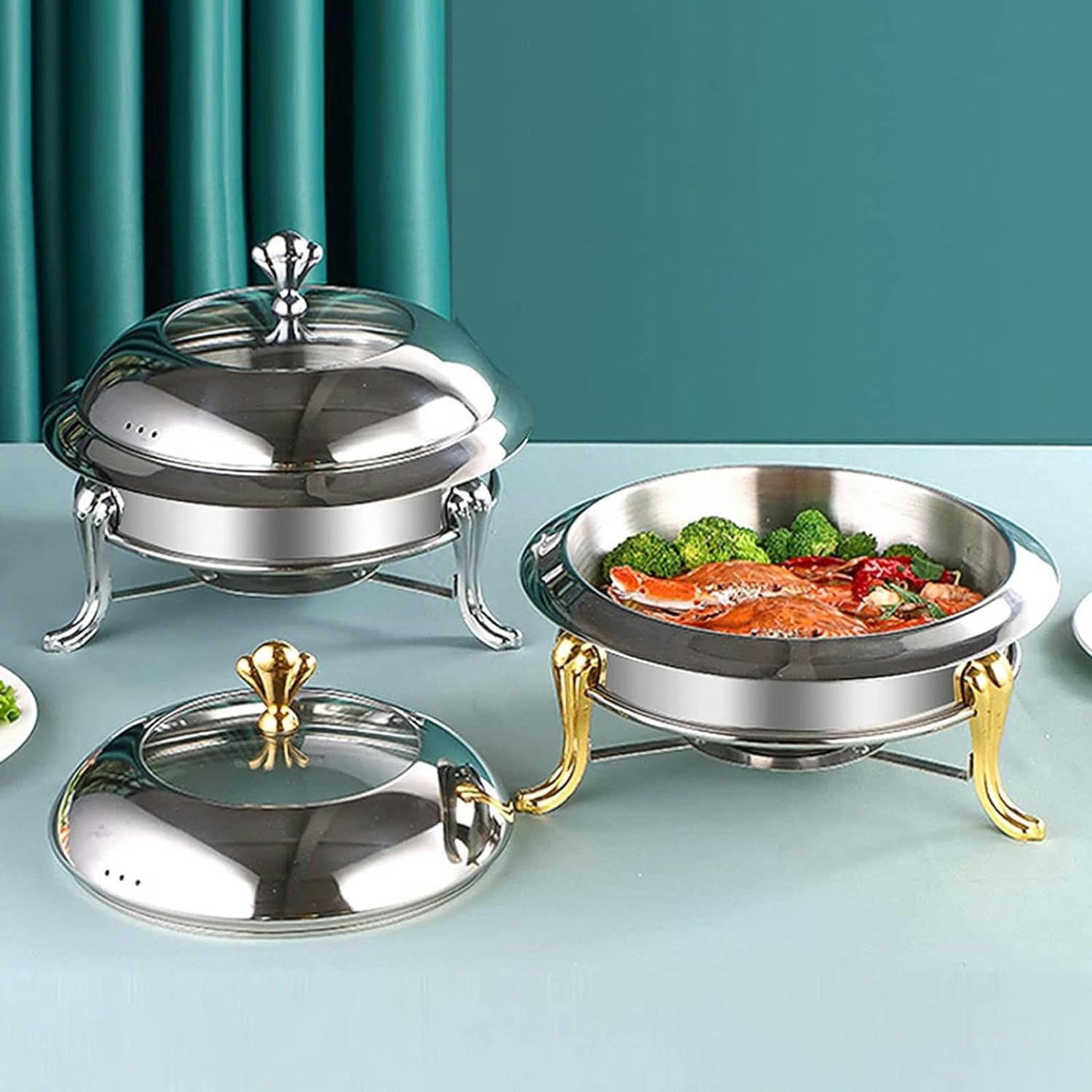 Juego de platos de acero inoxidable con tapa y quemador de alcohol, bandeja de calentamiento de alimentos para restaurante comercial, catering, fiestas, bodas, picnics