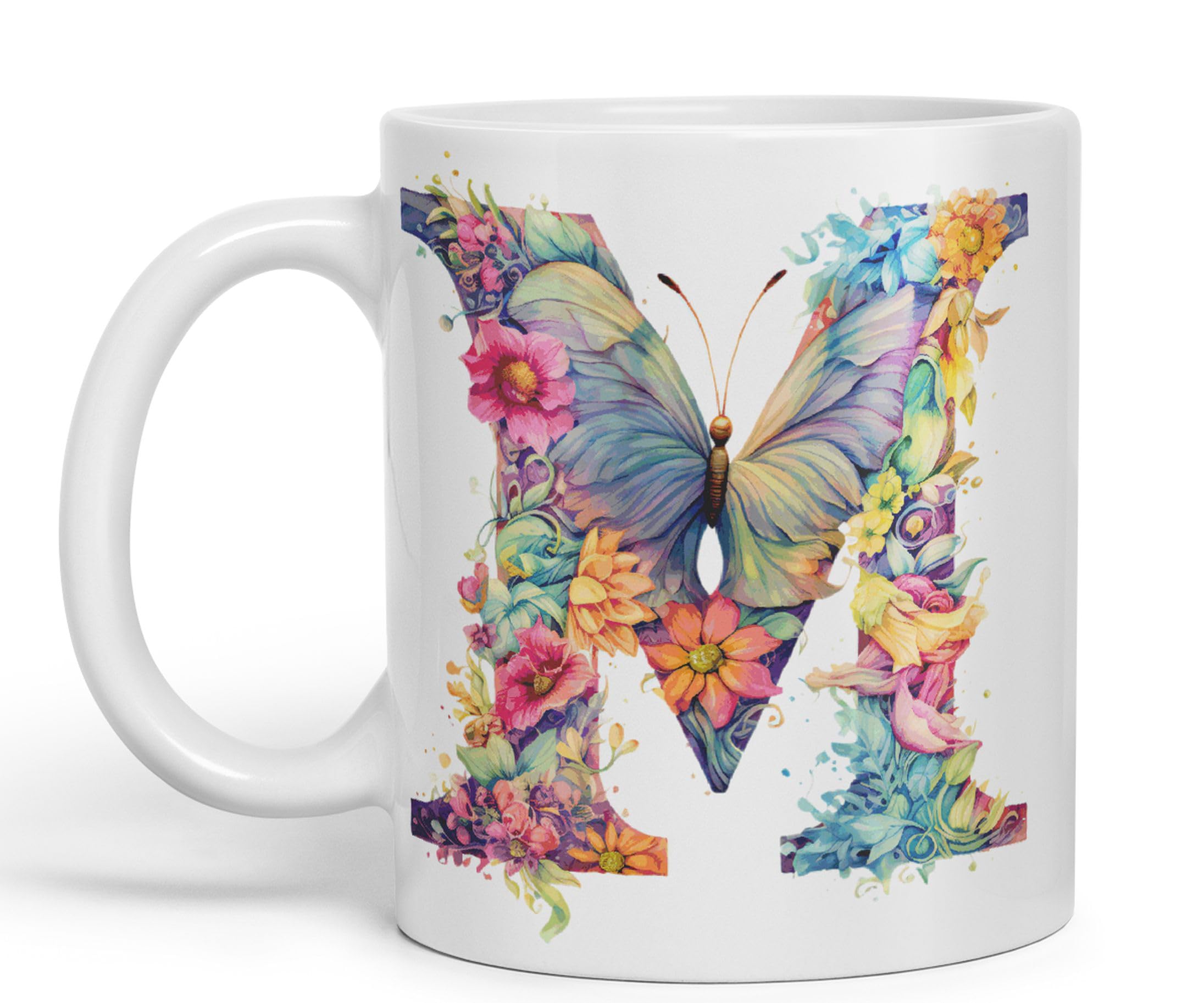 Vixar Letter M Mug, Floral Flowers Butterfly Alphabet Letter M Monogram Watercolour Ceramic Coloured Mug Cup for Tea Coffee Hot Brew 330ml 11Oz Gift (White)