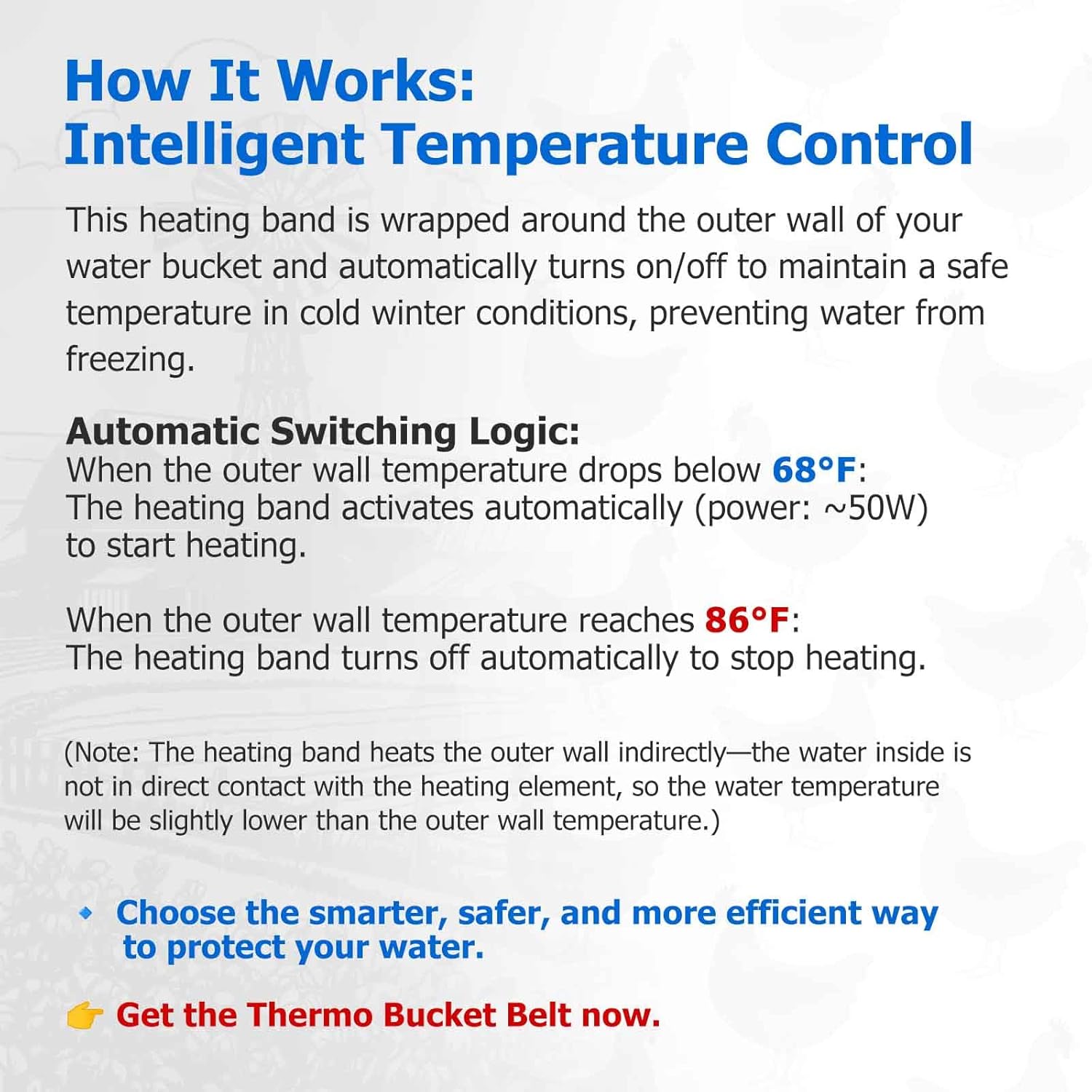 Chicken Water Heater for Winter, 50 Watt Thermo Bucket Belt Heated Strap Fits Most 2-5 Gal Buckets (Turn on Below 68°F and Off at 86°F)