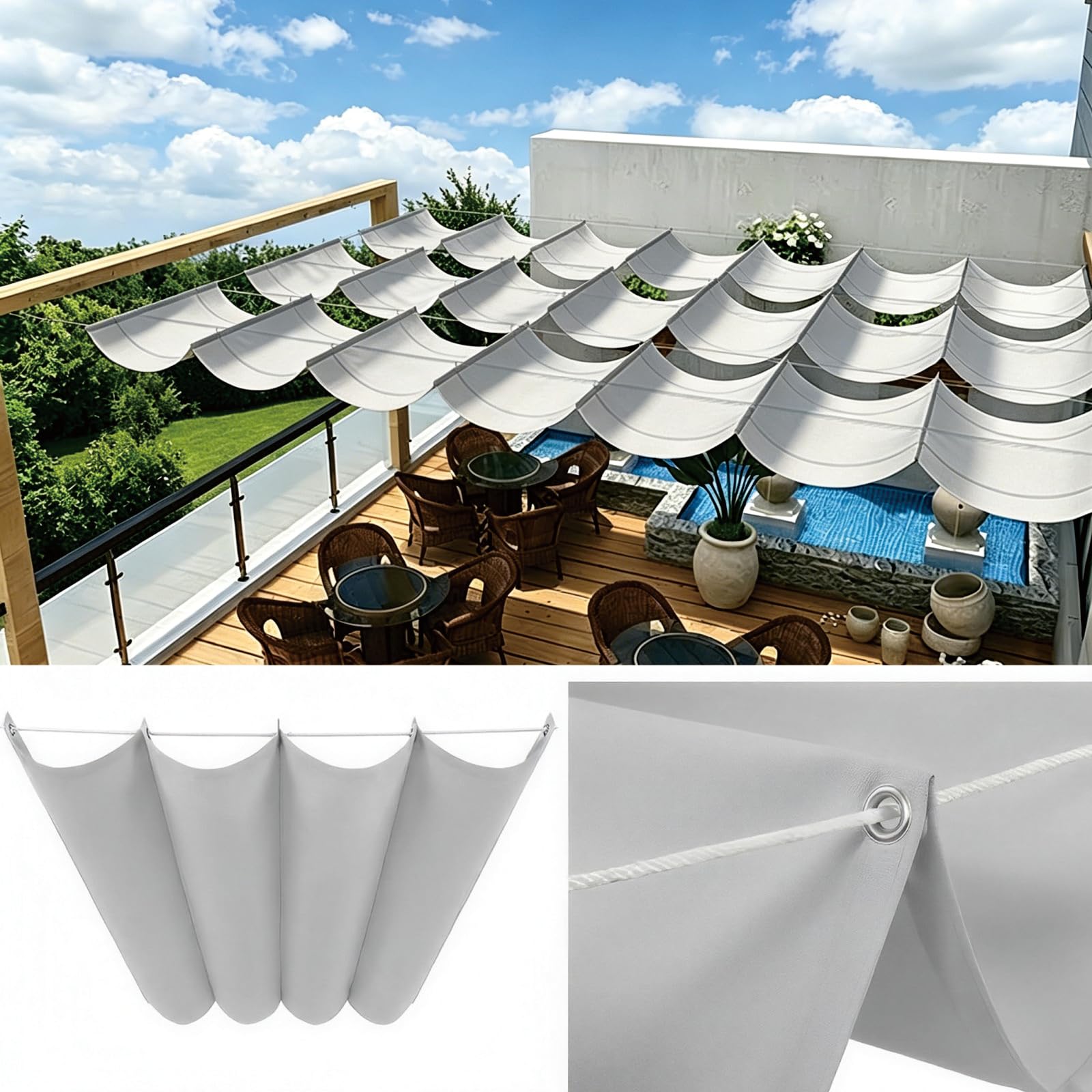 Voile ombrage vague rétractable imperméable protection UV 98% de grande taille