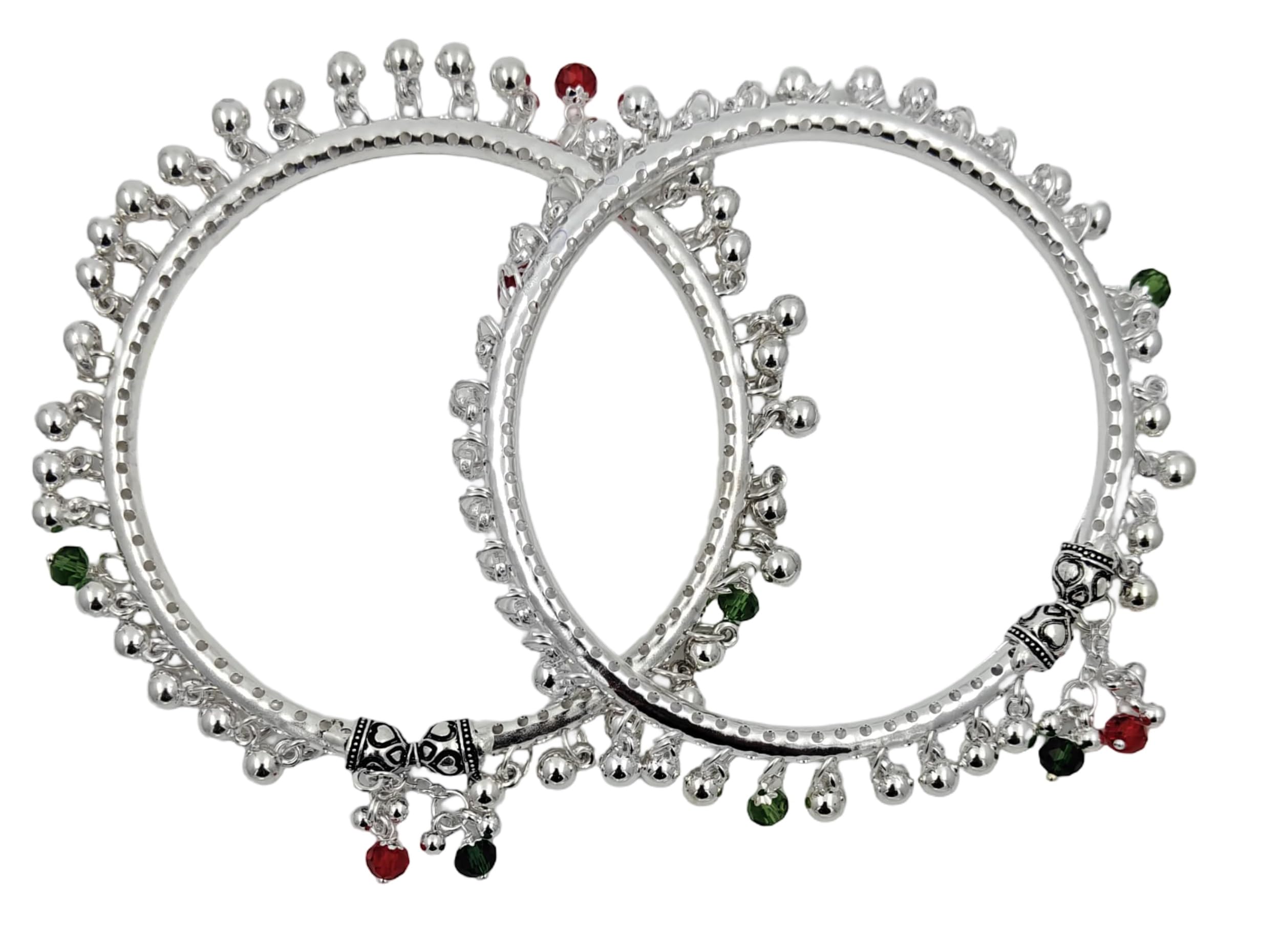 (1 Pair) Adjustable Traditional Design Metal Alloy Latkan Crystal Diamond Ghungroo Leg Painjan Payal Anklets Rajasthani Style Round Foot Bangle Kada Fashion Jewellery Set For Women's And Girl's