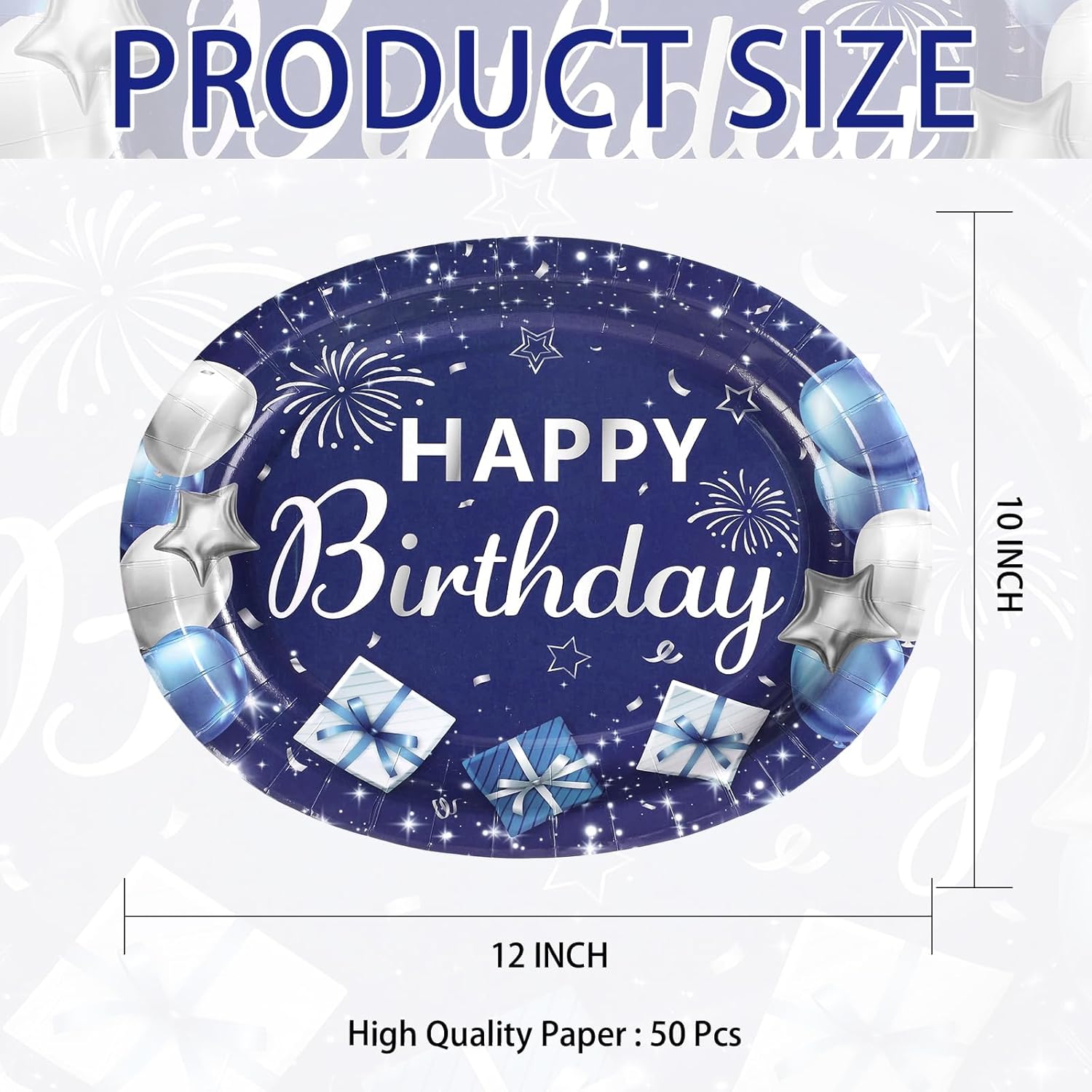 50Pcs Blue Birthday Oval Paper Plates 10" x 12" Large Heavy Duty Disposable Navy Blue and Silver Platter Happy Birthday Dessert Plates for Men Women Baby Shower Gathering Party Decorations Supplies