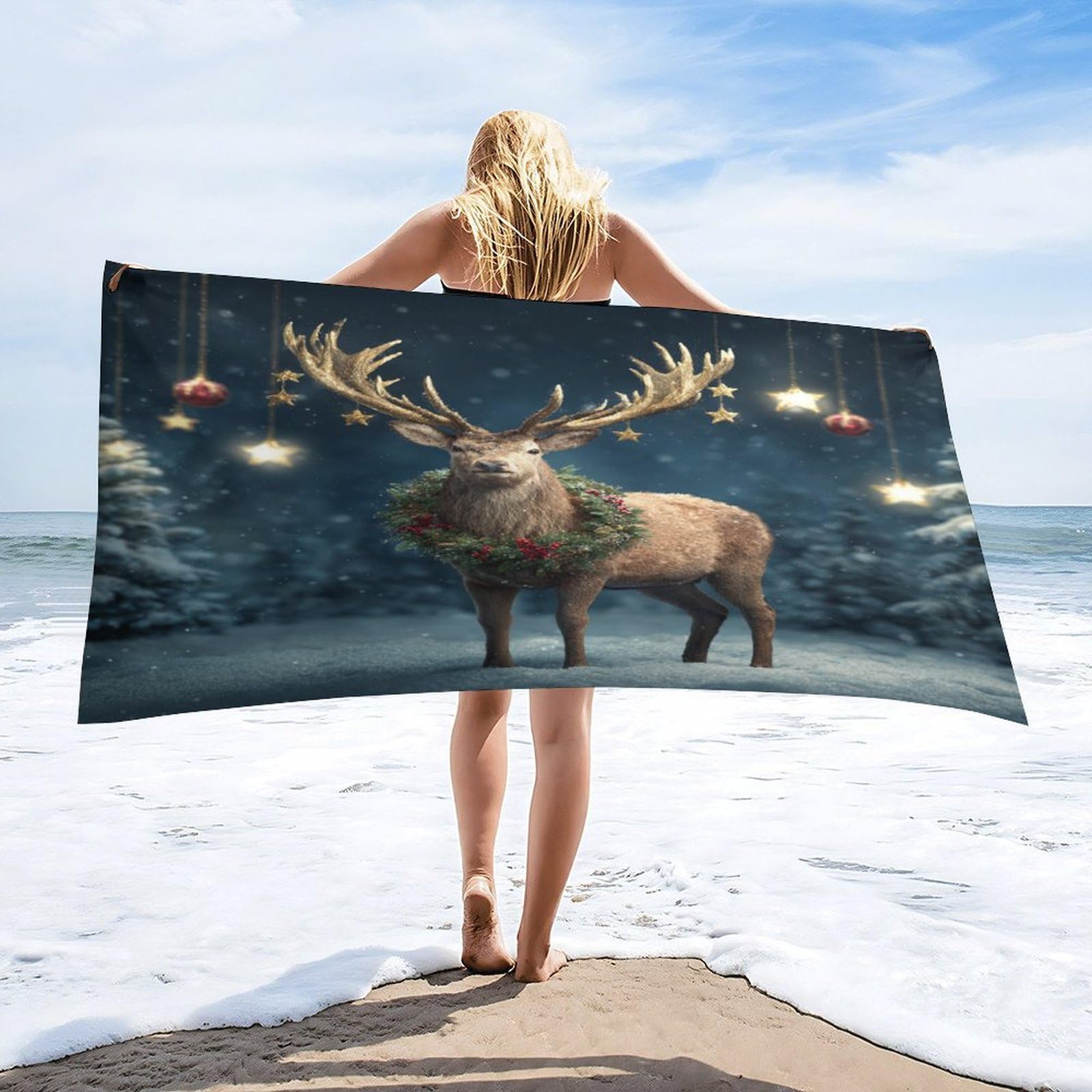 LUYYSKY Rustic Abstract Animal Deer Quick-Drying Beach Towel, Retro Watercolor Merry Christmas Winter Snowy Scenery Wildlife Elk Travel Vacation Single Sided Pile Bathroom Towels-80 W cm x 160" L cm