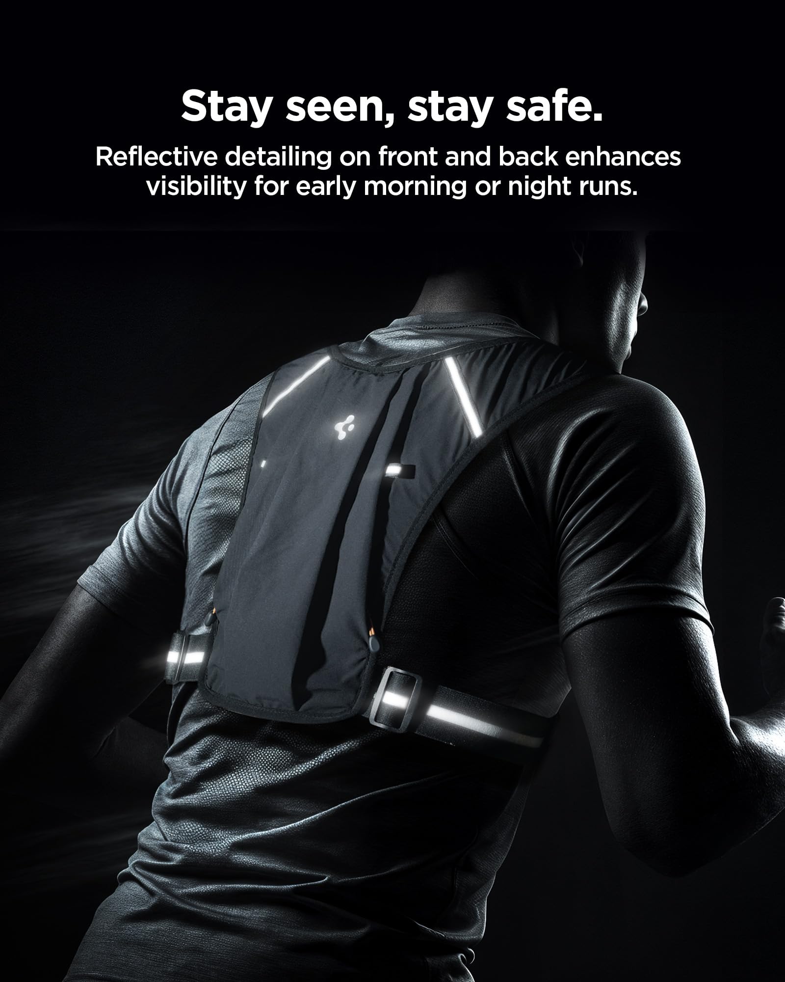 Spigen Dynamic Shield A720 Gilet da Corsa Leggero, Zaino da Corsa, Bande Riflettenti, Compatibile con Smartphone Fino a 6,9”, Leggero e Vestibilità Sicura - Nero