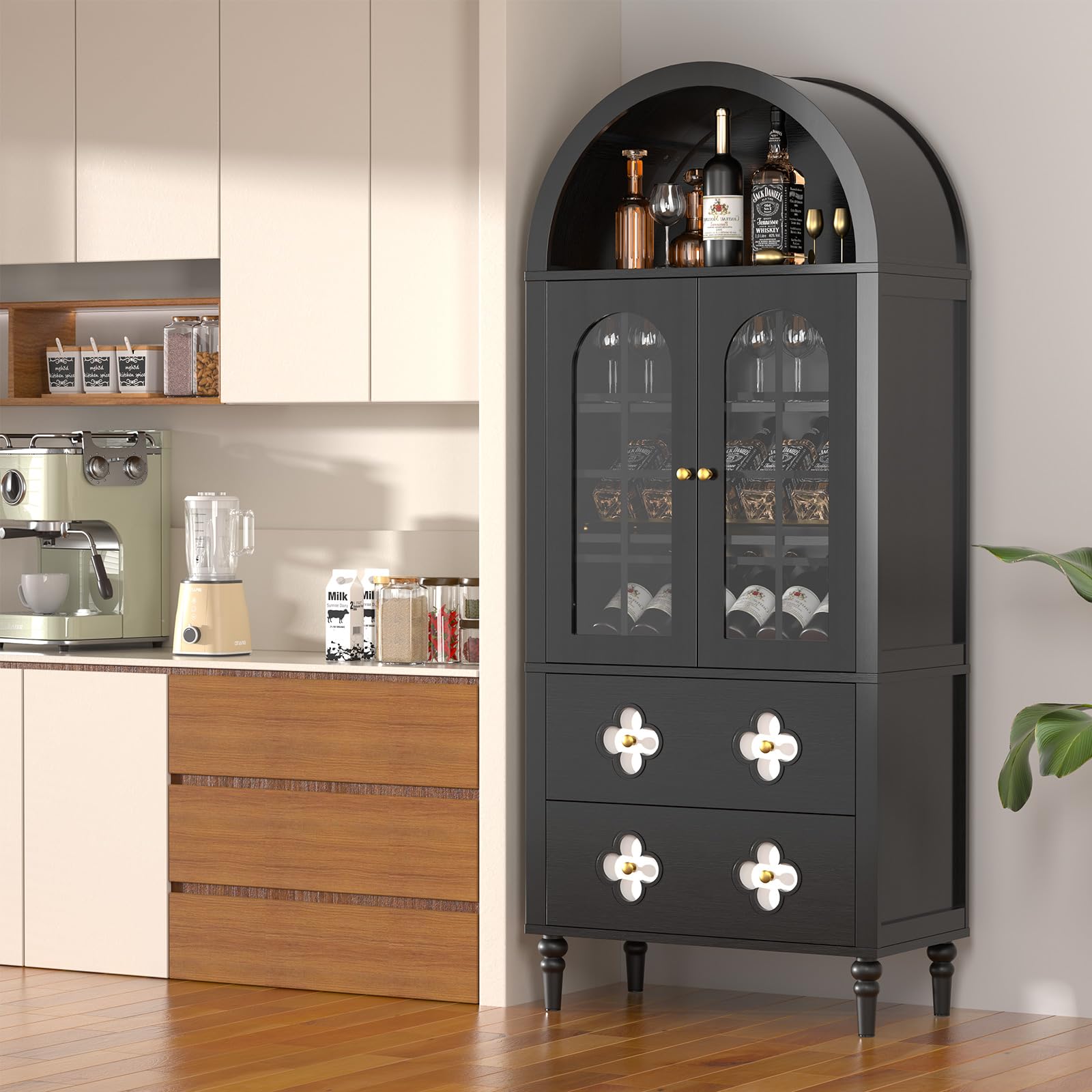 180cm Arched Storage Display Cabinet with Drawer, Arched Cabinets with Glass Doors and Shelves for Living Room, Kitchens and Bedrooms, Assembly Required(Black)