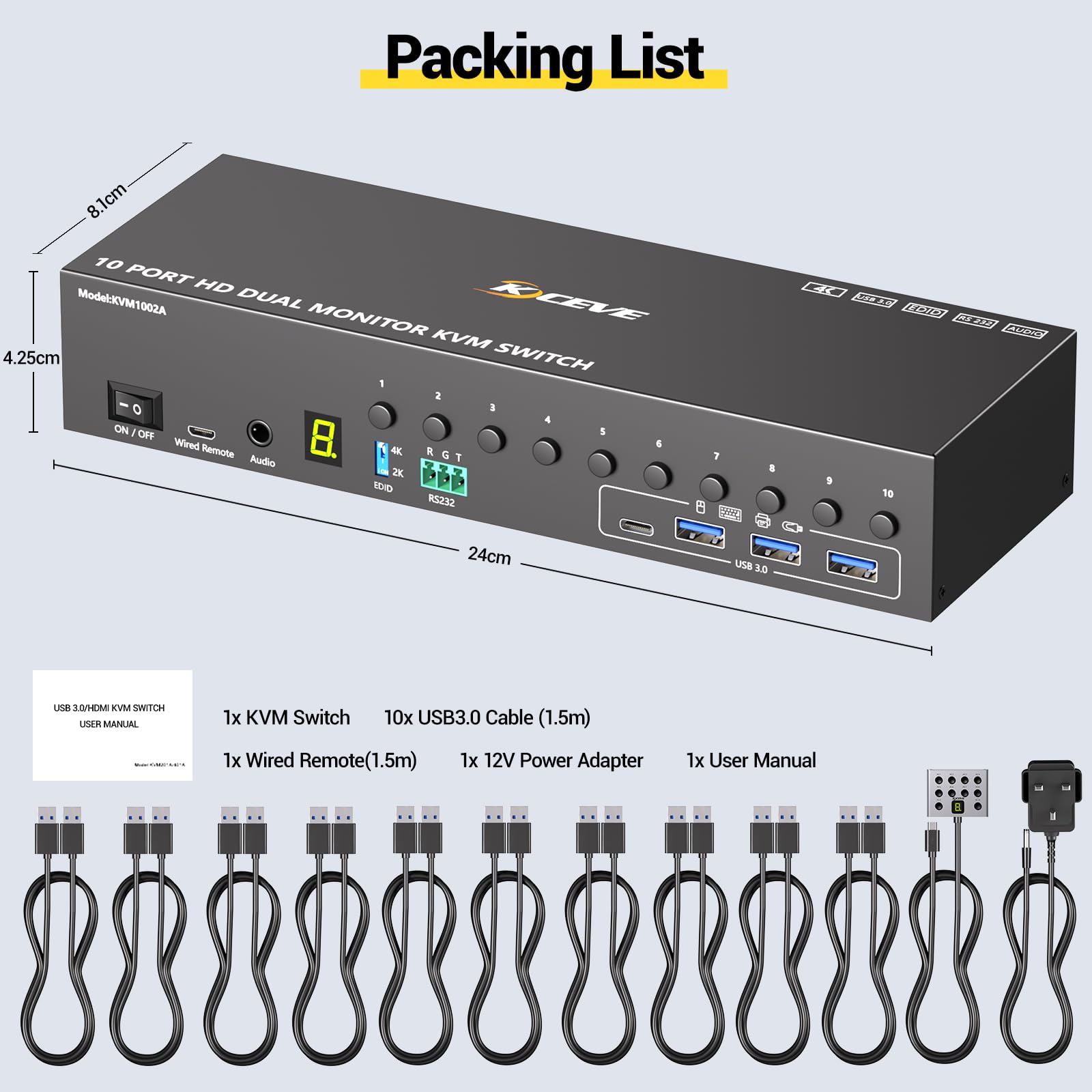 Commutateur KVM HDMI à 10 ports, 2 moniteurs, 10 ordinateurs, simulation EDID 4K @ 60 Hz, commutateur KVM double moniteur avec 4 ports USB 3.0 pour clavier, souris, imprimante audio, RS232, avec