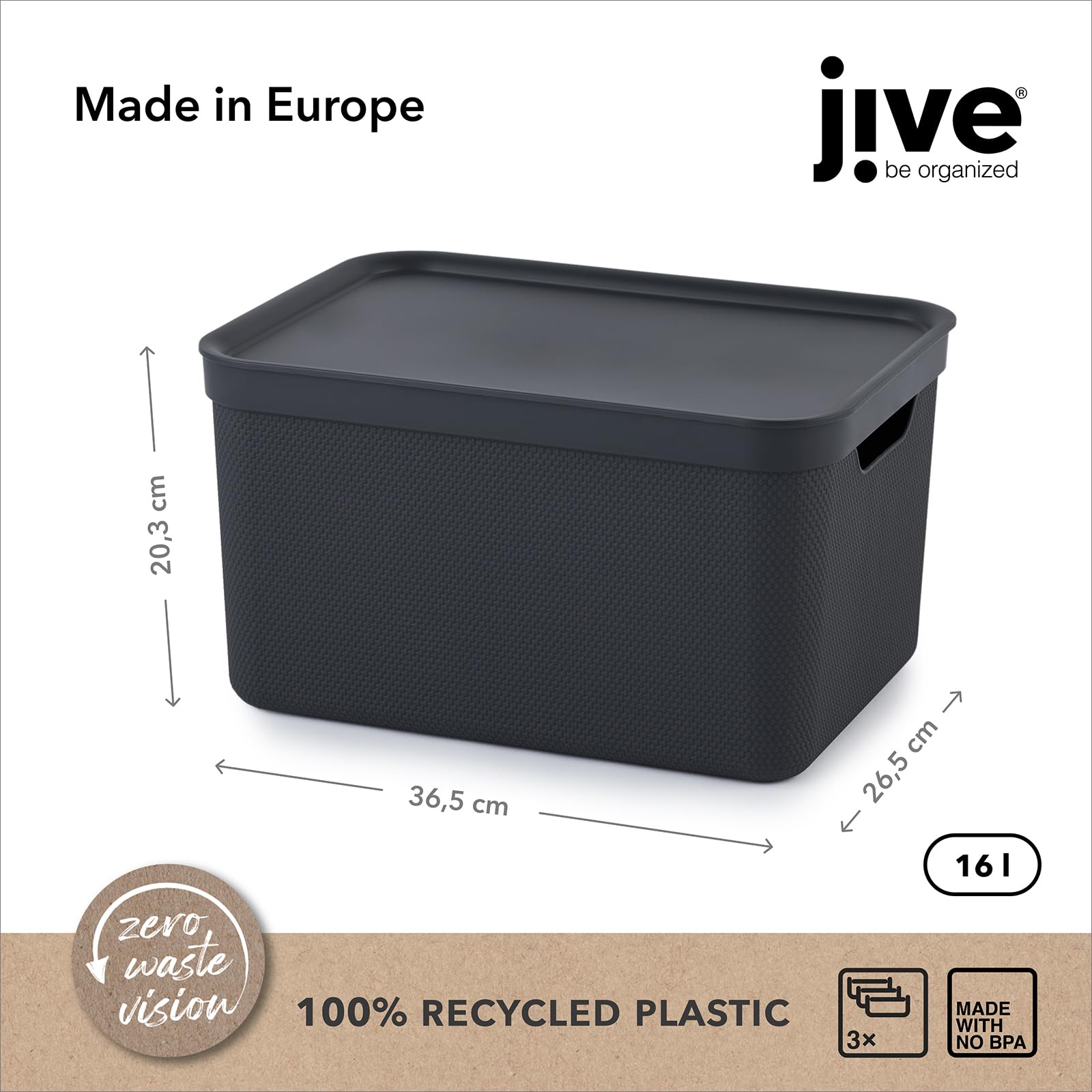 Rothos Jive Lot de 3 Boîtes de Rangement 16 L avec Couvercle, Gris Foncé | Bacs de stockage empilables format A4 en plastique recyclé, design Red Dot Award, dimensions 36,5 x 27 x 27 cm par bac.