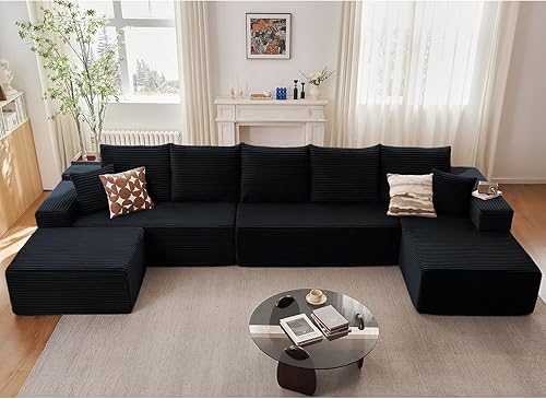 Miniatura 44 de Sofá Nube en Forma de U de 135", Sofá Seccional Modular Moderno Cómodo en Forma de L con Otomana, Asiento Profundo, Chaise Longue Reclinable Negro