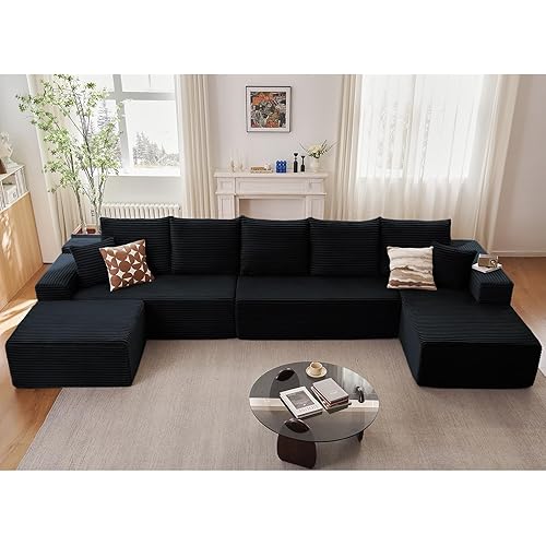 166.9" U-Shape Cloud Couch, Modern Modular Sectional Comfy L-Shape Sofa with Ottoman, Deep Seat, Upholstered Corduroy Sleeper Chaise Longue for Living Room Bedroom, No Assembly Required, Black