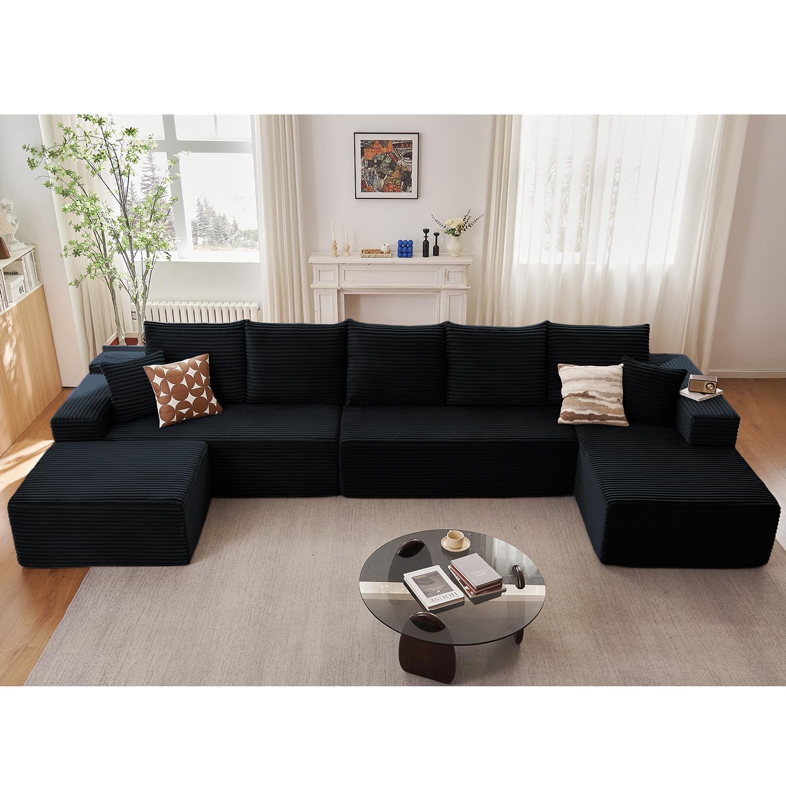 Lakifun 166.9" U-Shape Cloud Couch, Modern Modular Sectional Comfy L-Shape Sofa with Ottoman, Deep Seat, Upholstered Corduroy Sleeper Chaise Longue for Living Room Bedroom, No Assembly Required, Black