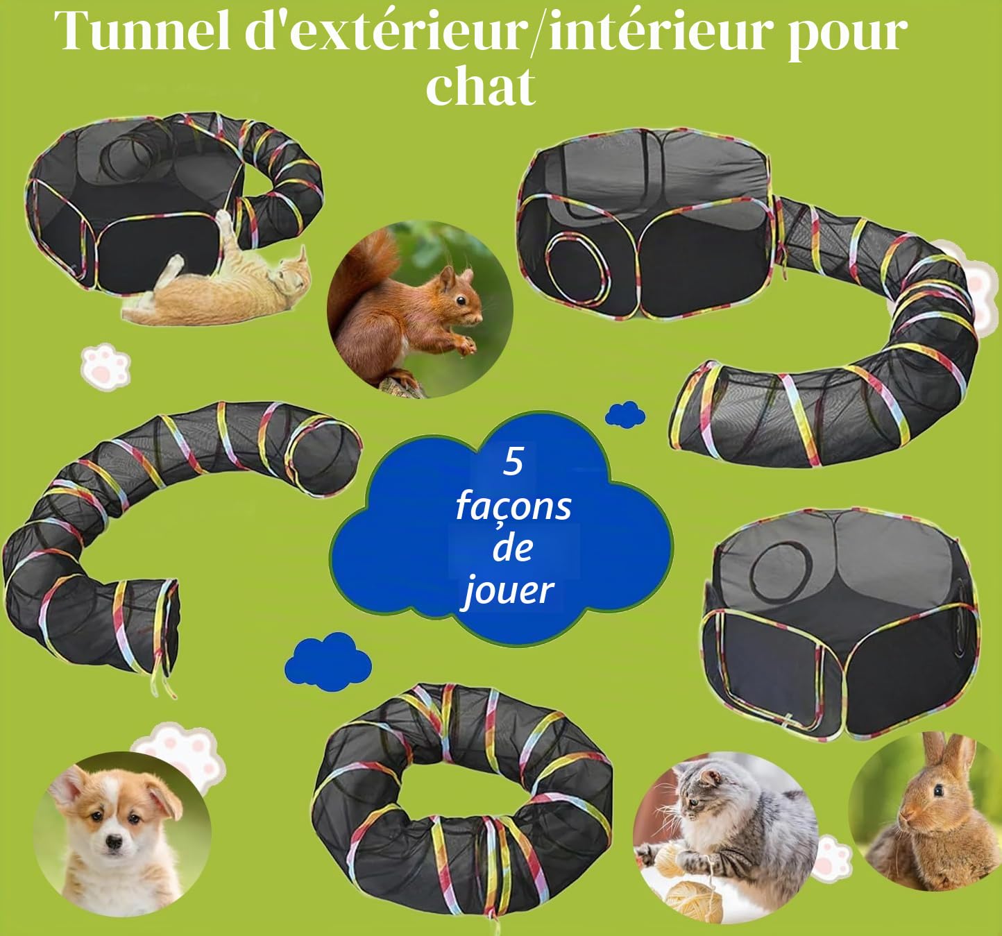 Tunnel pour chat, Accessoire Chat, Enclos d'extérieur Pliable pour Chat, Aire de Jeu, Tunnel pour Lapin, Jouets pour Chat, Chien et Autres Petits Animaux, Convient pour l'Intérieur et l'Extérieur