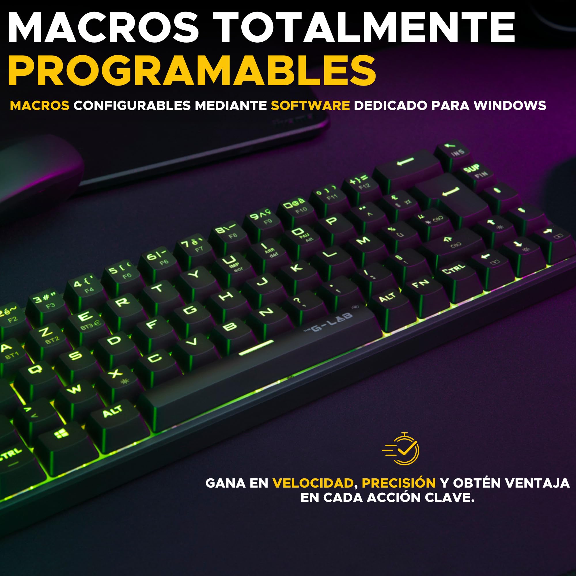 The G-Lab Keyz Titanium - Teclado Mecánico Gaming 65% Negro QWERTY ES | Con Cable USB, Formato 65%, Switch Rojo, RGB Personalizable, Anti-Ghosting, Macros, Negro
