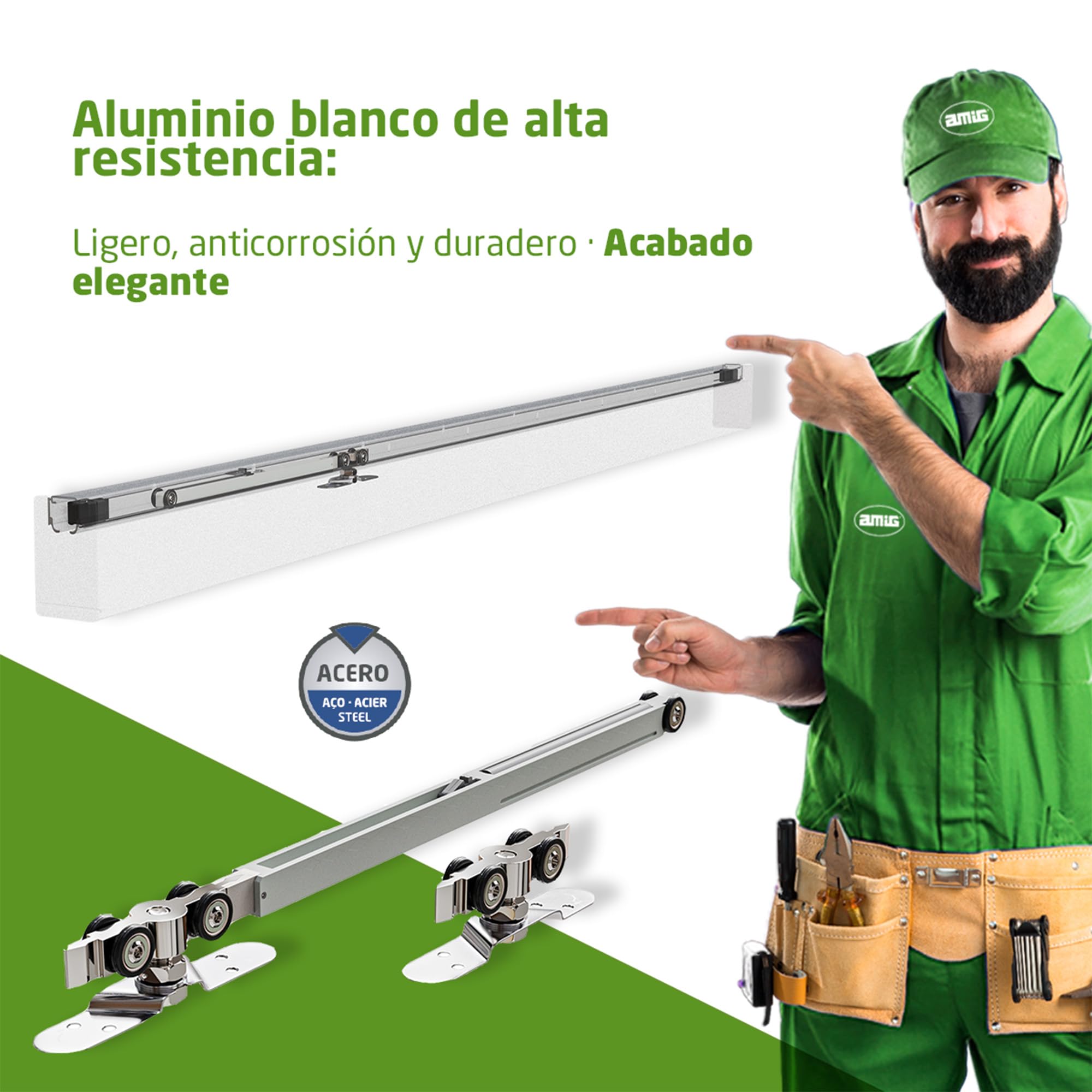 Amig - Kit puerta corredera madera - Guía 186 cm aluminio blanco con autocierre - Hasta 60 kg - Diseño elegante y duradero con cierre automático - Mod. SD005