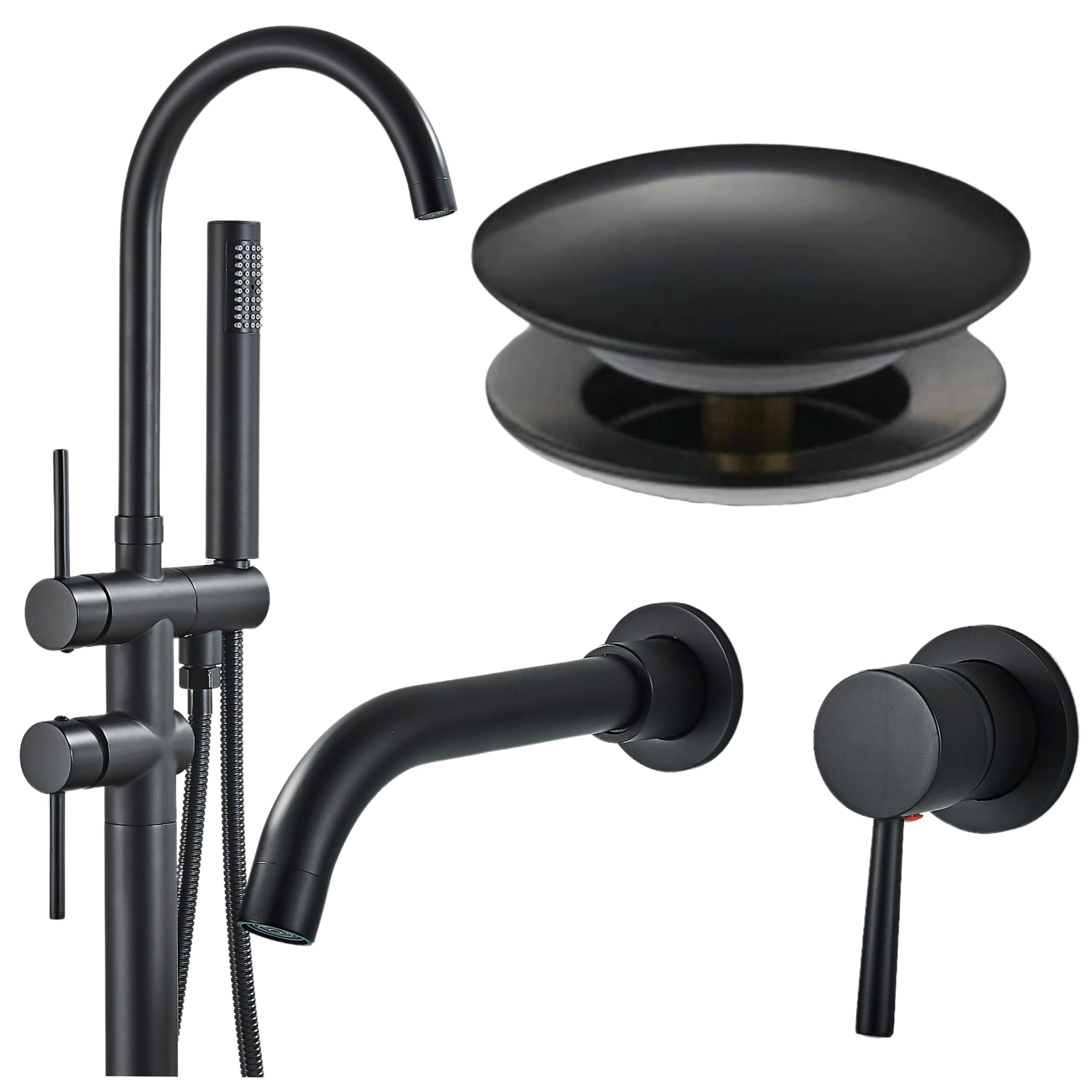 ARI Juego de grifería de baño Slim Tube con alcachofa de mano, grifo de lavabo empotrado y válvula de desagüe de clic clac, sin rebosadero, grifo de latón (montaje en suelo)