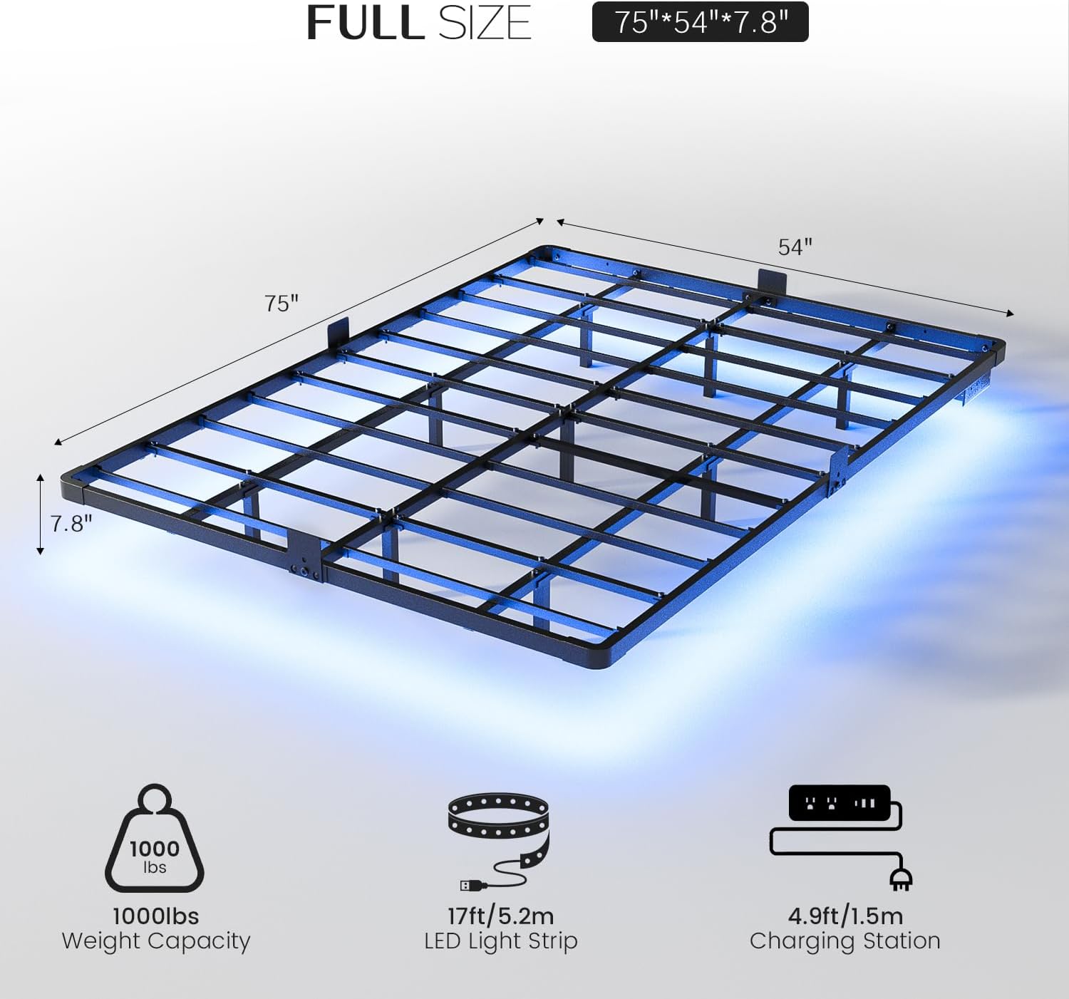 olevs floating bed frame full size with smart led lights and charging station - modern metal platform bed, easy assembly no box spring needed