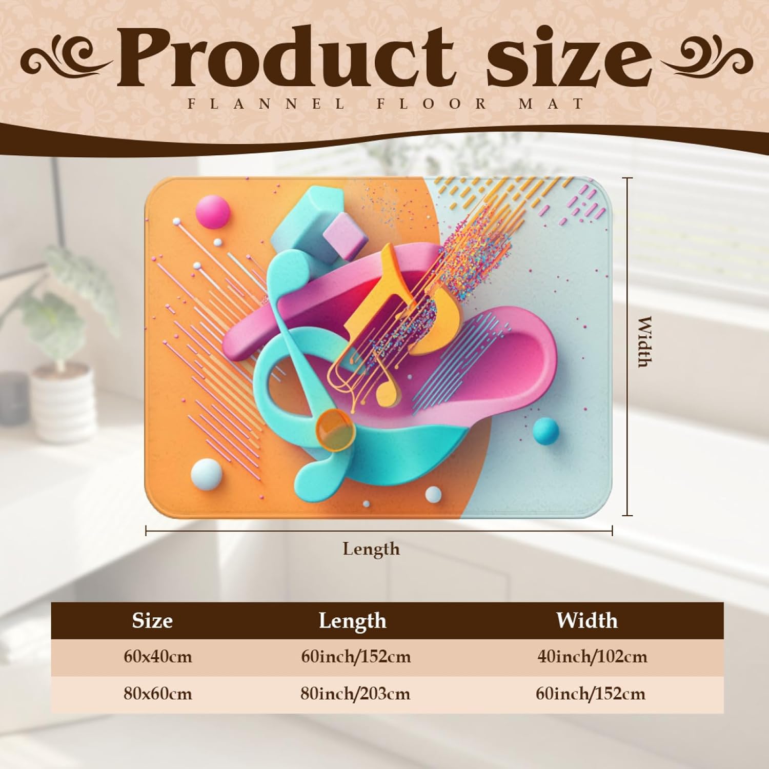 Colorful Musical Note 2x3 Feet Rug Washable, Music Theme, Suitable for Bedroom Living Room, Watercolor Home Decoration, Soft Low Pile Non-Slip Indoor