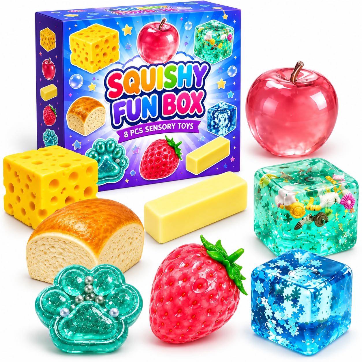 Squishy Box Squishy Fun Box, 8 pcs Set with Soft Fidget Toys for Adults Box of Squishies for Stress Relief, Slow Rebound Sensory Play, Desk Decor, Office, School, Birthday Gifts