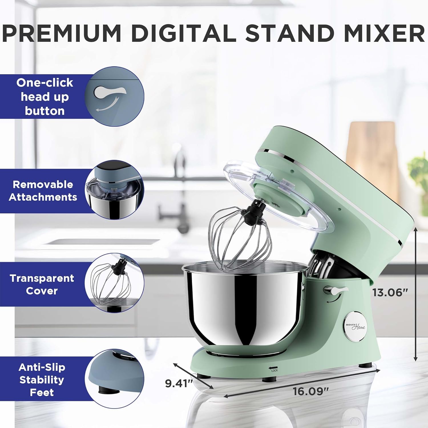 Magnavox Home, 6.3 qt Digital Touchscreen Stand Mixer, 11 Speeds, Green