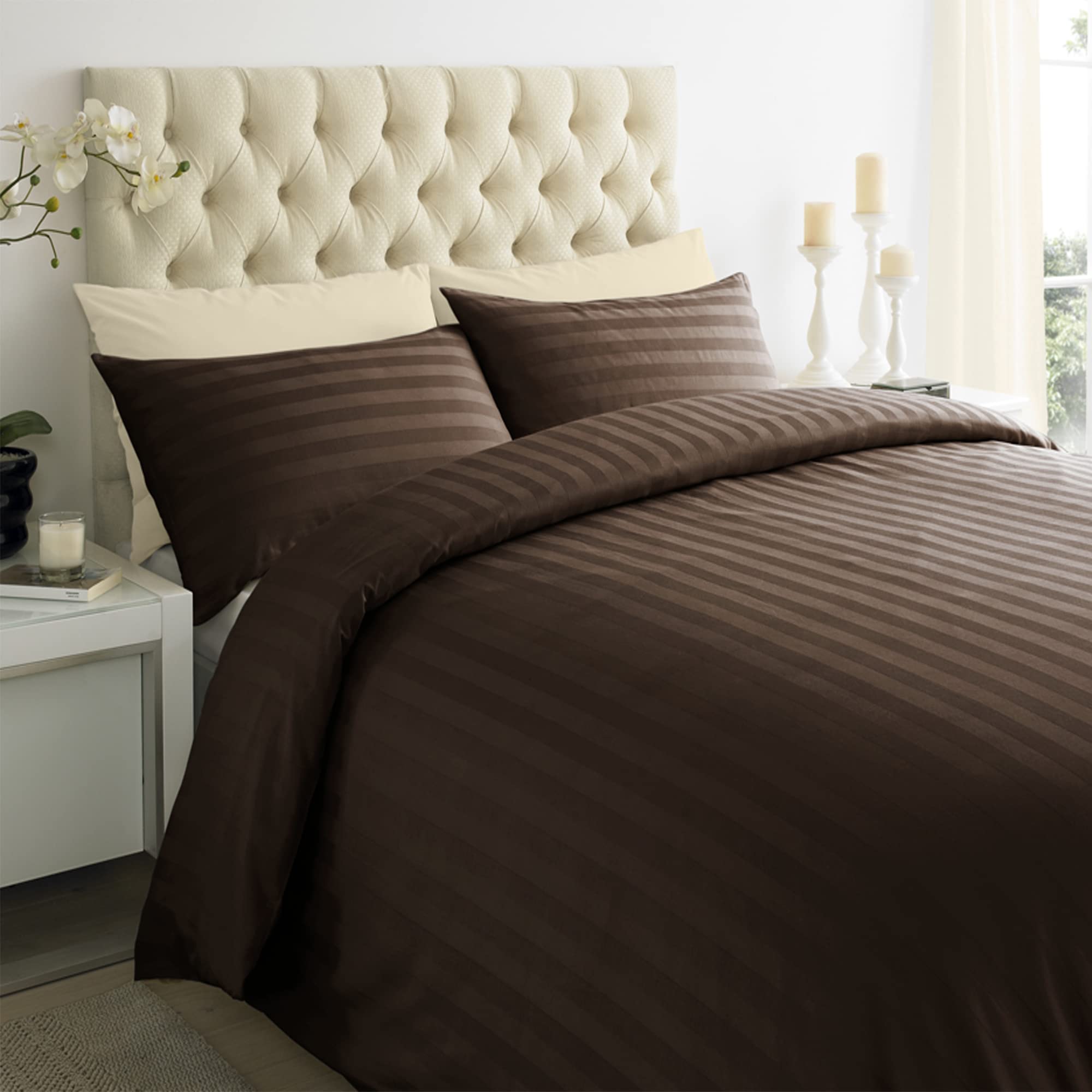 ED Luxury 250 Thread Count 100% Cotton Sateen Stripe Duvet Bed Cover with Housewife Pillowcases | 250 TC Hotel Striped Bedding (Single/Brown)