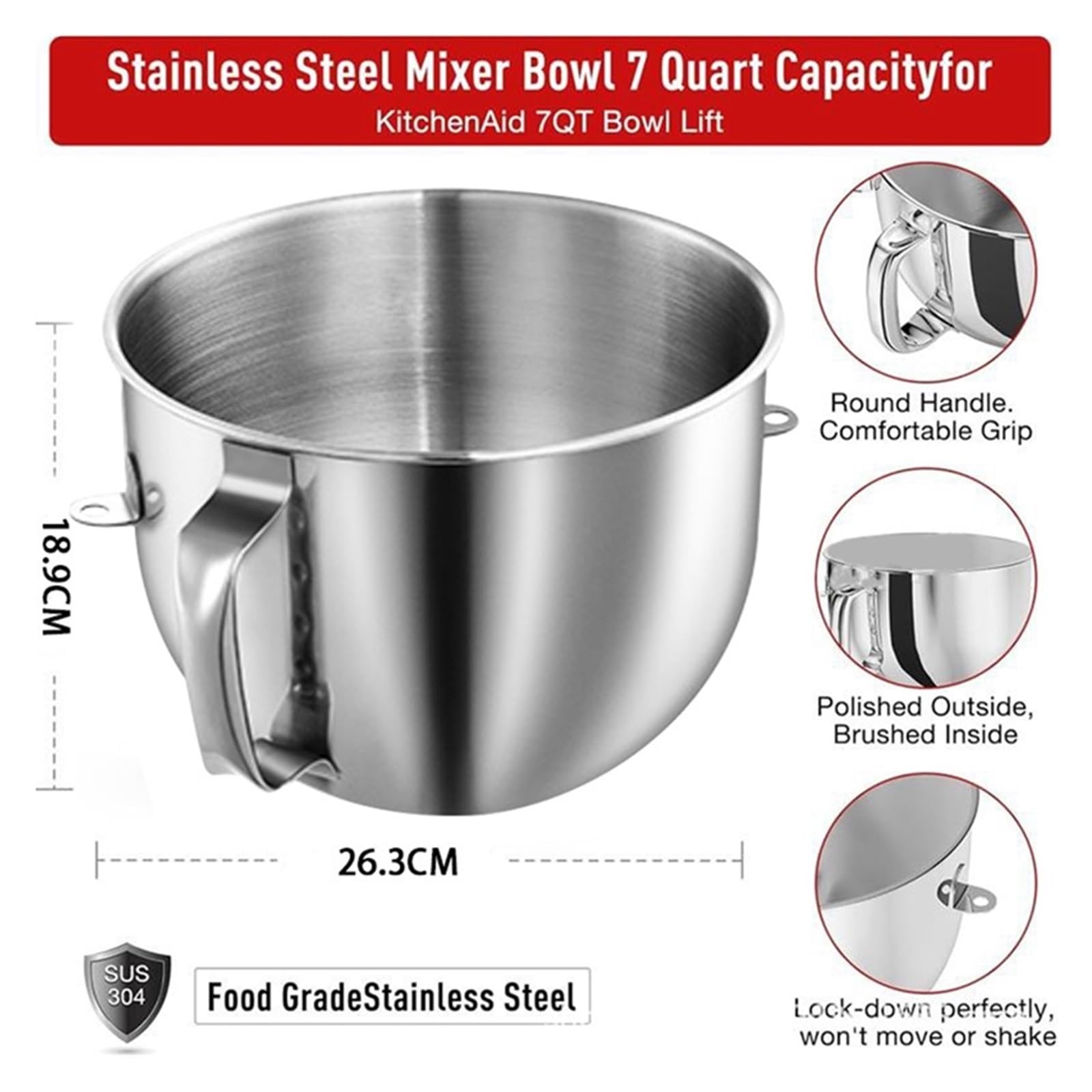 Miska miksująca ze stali nierdzewnej A67Z 7QT, kompatybilna z mikserami KitchenAid 7QT z głowicą odchylaną (KSM70SKXXV8, KSM70SKXXCA, KSM70SKXXBK) z uchwytem