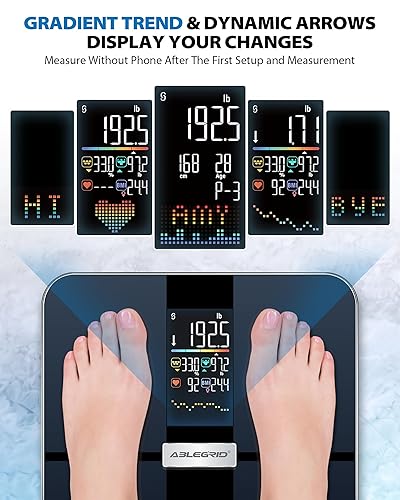 Miniatura 2 de ABLEGRID Báscula inteligente de grasa corporal, báscula de baño digital recargable para peso corporal, tendencias de gradiente y pantalla de cambio