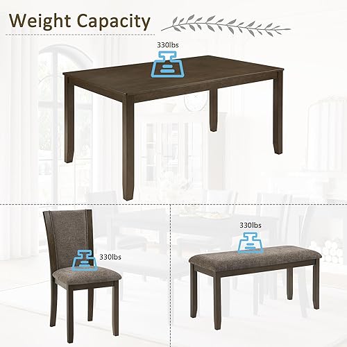 Miniatura 4 de Juego de mesa de comedor de 6 piezas, mesa de cocina de madera de granja con 4 sillas tapizadas y banco, juego de mesa de comedor rústico para 6,