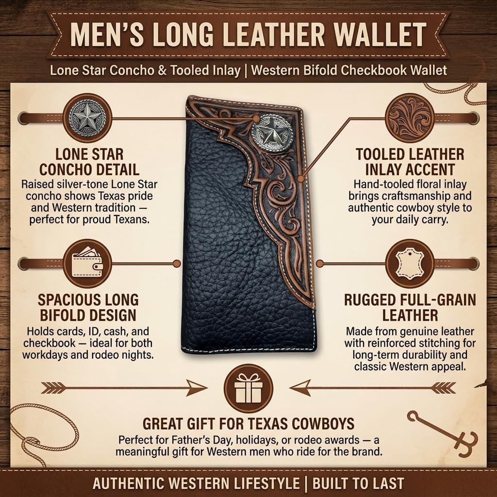 Men’s Long Leather Wallet – Tooled Inlay with Lone Star Concho – Western Bifold Checkbook Wallet for Texans, Cowboys & Ranch Lifestyle Gifts