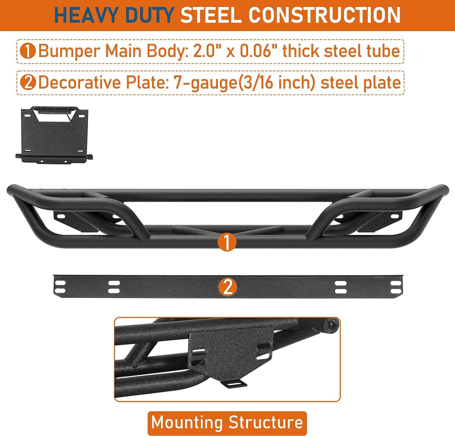 Hooke Road TJ Steel Tube Rear Bumper for 1987-2006 Jeep Wrangler YJ TJ, Lightweight Back Bumper Guard for Daily Driving Protection, No-Drill Installation