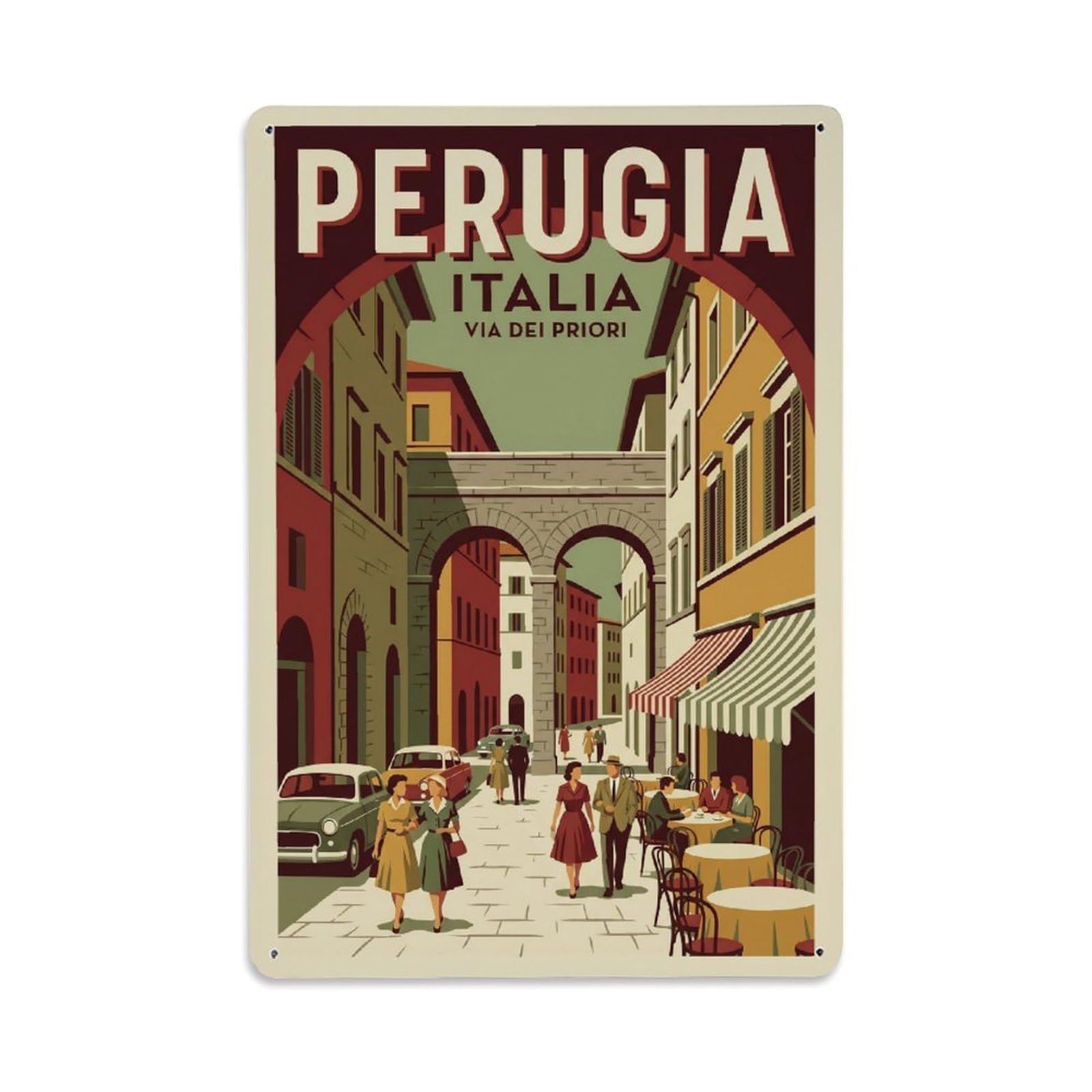 Vintage Travel Perugia Via Dei Priori Street Clean Italy Metal Tin Sign Plaque Wall Decor for Cafe, Club Bar, Office, Home Garden Metal Poster 8x12Inch