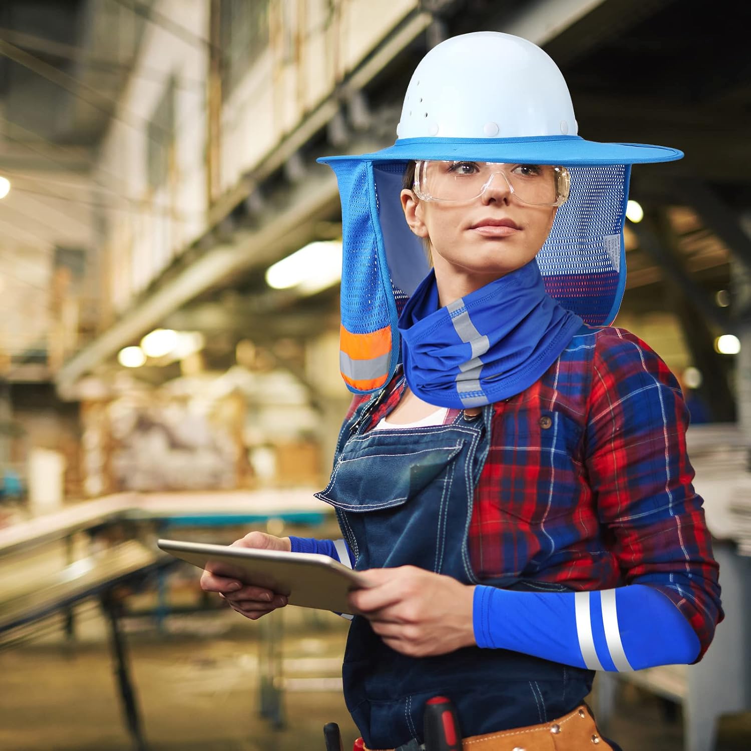 SATINIOR 3 Pcs Sun Hard Hat Neck Protection High Visibility Full Brim Mesh Sun Protection Bandana Headband Arm Sleeves with Reflective Strap for Construction Helmet Hard Hat(Blue)
