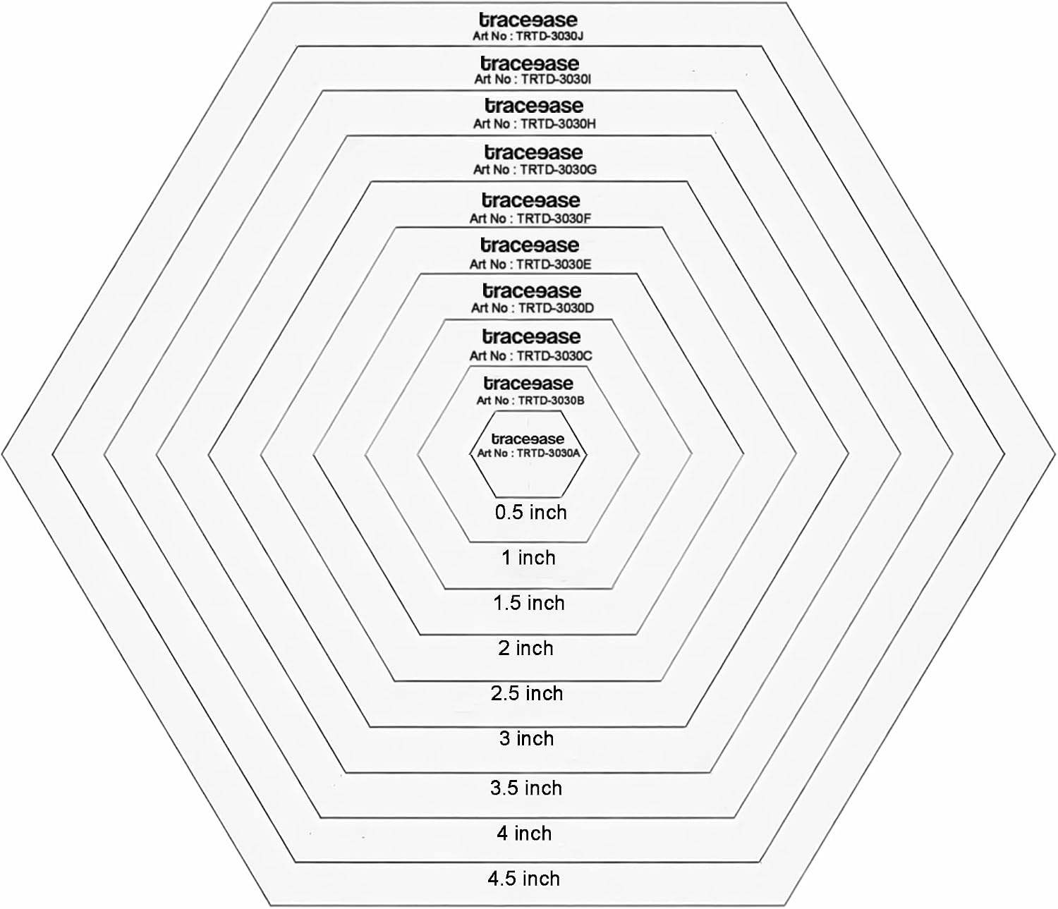 Traceease Hexagon Quilting Template Set – 10 Sizes (0.5”–4.5”) 4mm Thick Clear Acrylic Hexie Rulers for Patchwork, English Paper Piecing, Applique & Precision Fabric Cutting