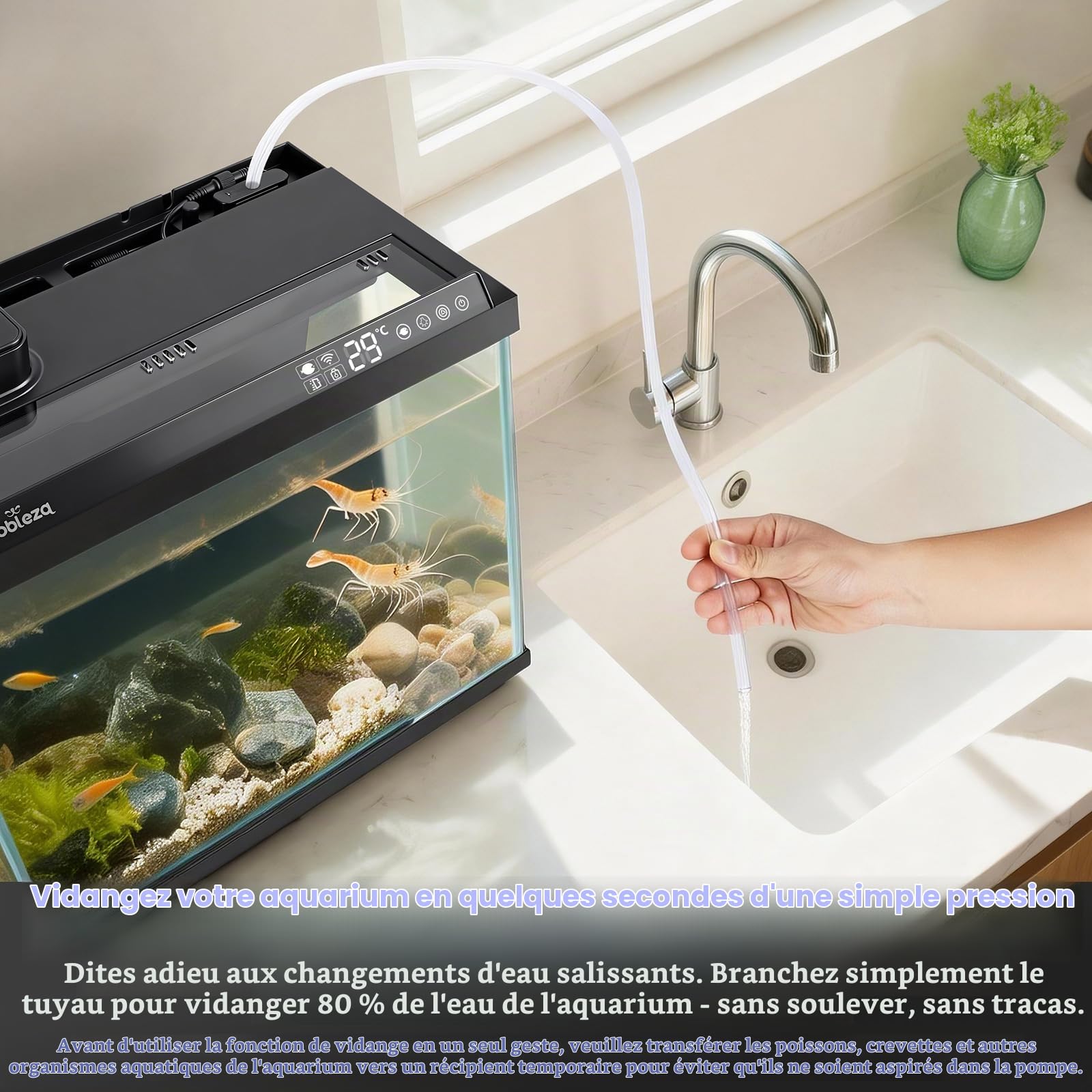 Nobleza Aquarium Smart 30L, Kit Complet WiFi avec App et Changement d'eau | Aquarium 30L en verre ultra-blanc avec pompe à 3 étapes, mangeoire automatique et 6 modes d'éclairage pour bureau et débutant